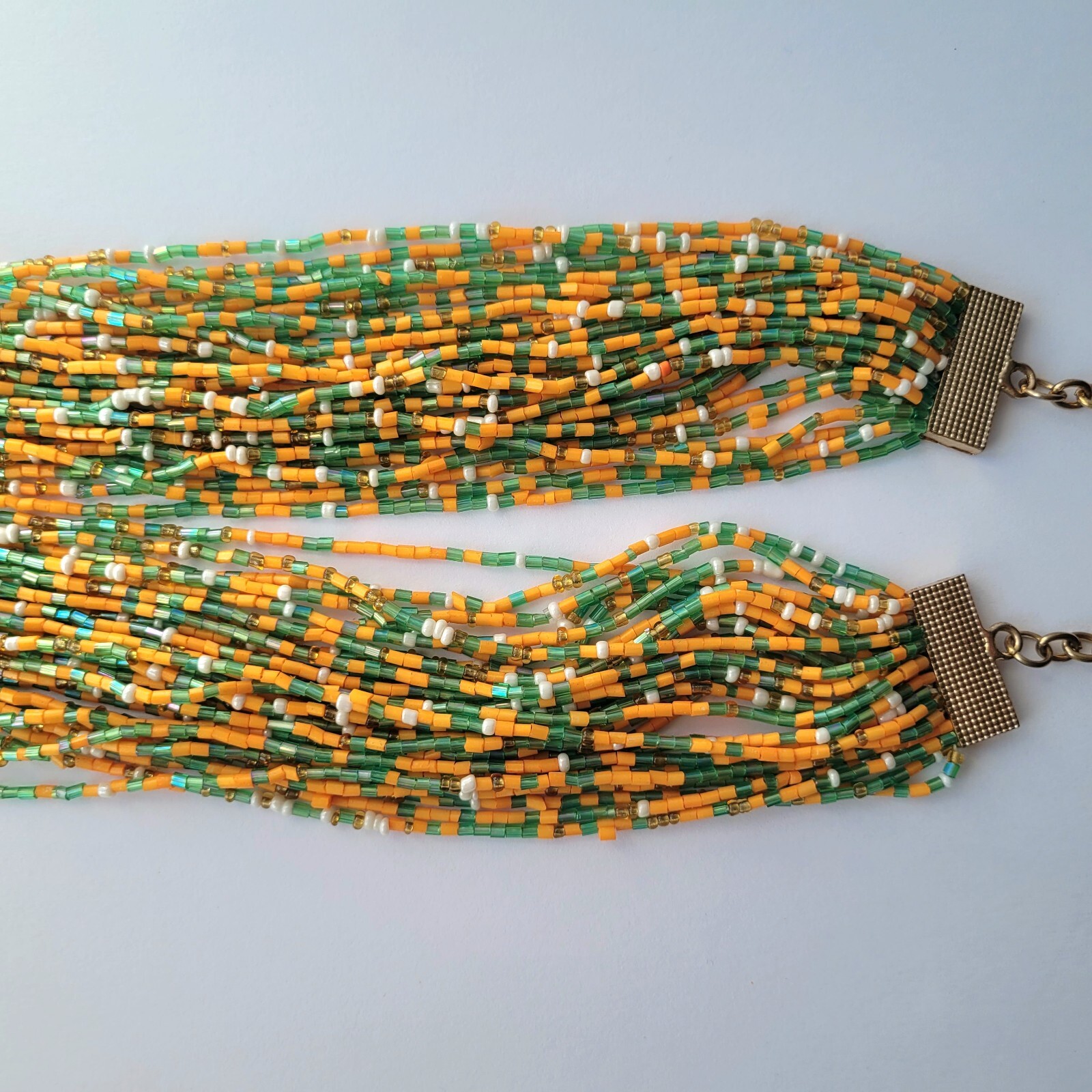 Vtg Orange Green Multistrand Boho Seed Bead Necklace & Earrings Set