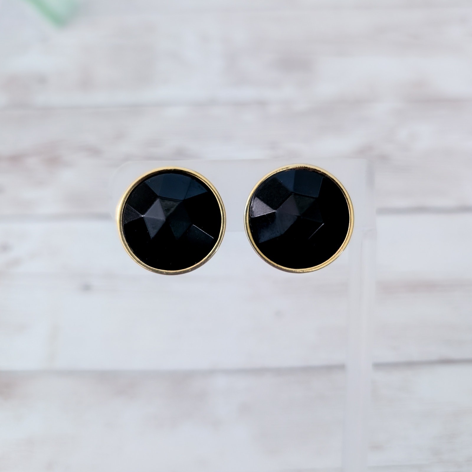 Vintage Clip On Earrings Faceted Black Gem with Gold Tone Halo Just Under 1″