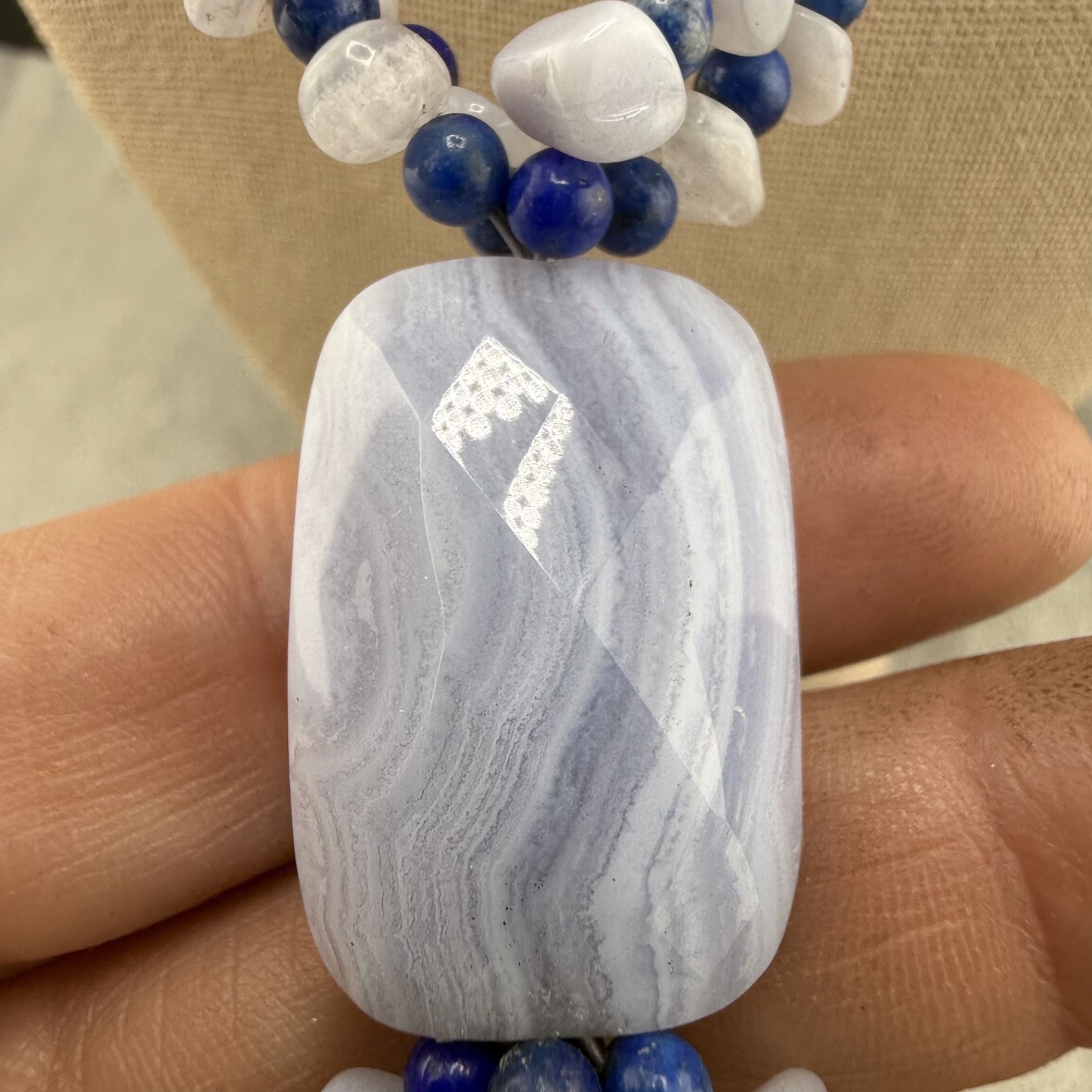 Vintage Jay King DTR Necklace Blue Lace Agate Polished Stone 18”