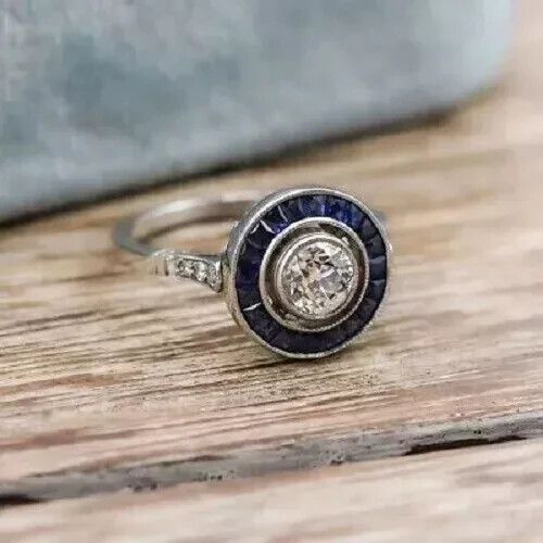 Art Deco Style Lab Created Diamond & Sapphire 14K White Gold FN Engagement Ring