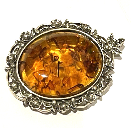 Sterling Silver w/Marcasites Amber Brooch Pendant 22.2 Grams☚☚☚👀