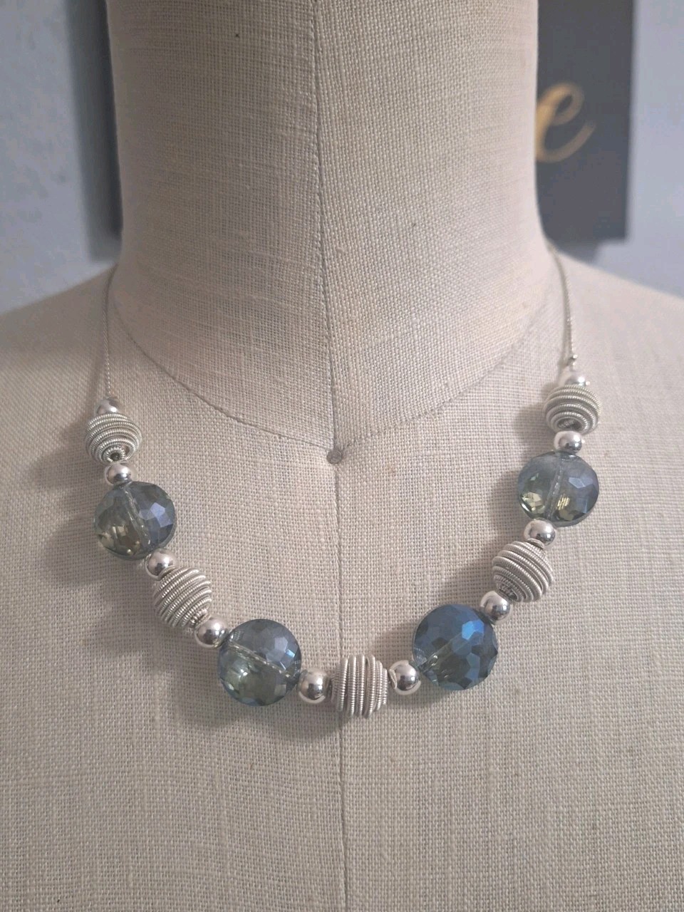 Vintage Crown Trifari Blue/Grey AB Faceted Glass And Metal Beaded Necklace