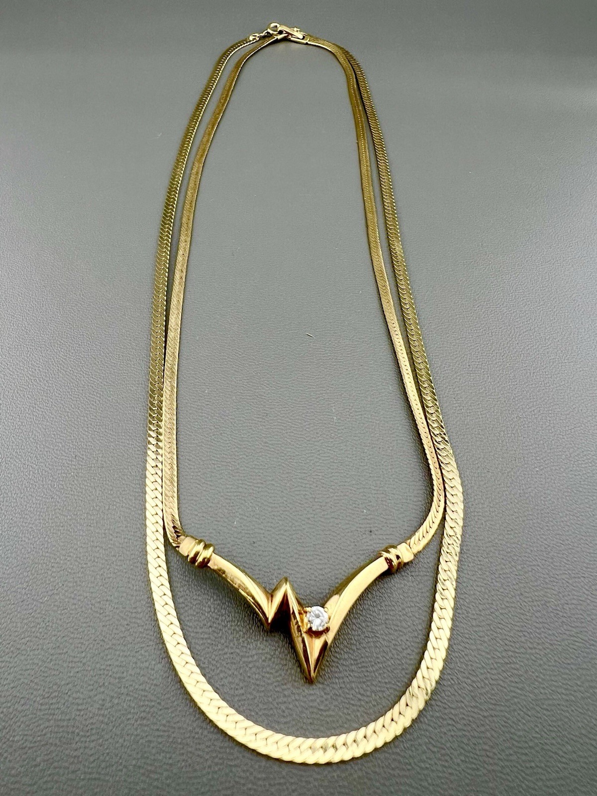 Vintage Herringbone Necklace Lot Abstract Pendant Rhinestone Gold Tone 17” 19”