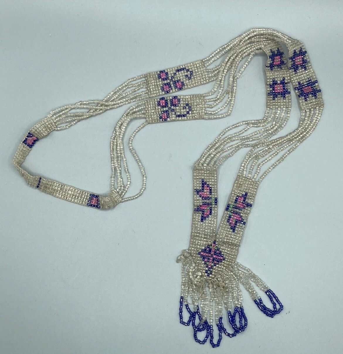 1920s Flapper Deco Sautoir Necklace, Very Good Antique Condition, Ecru/Blue/Pink