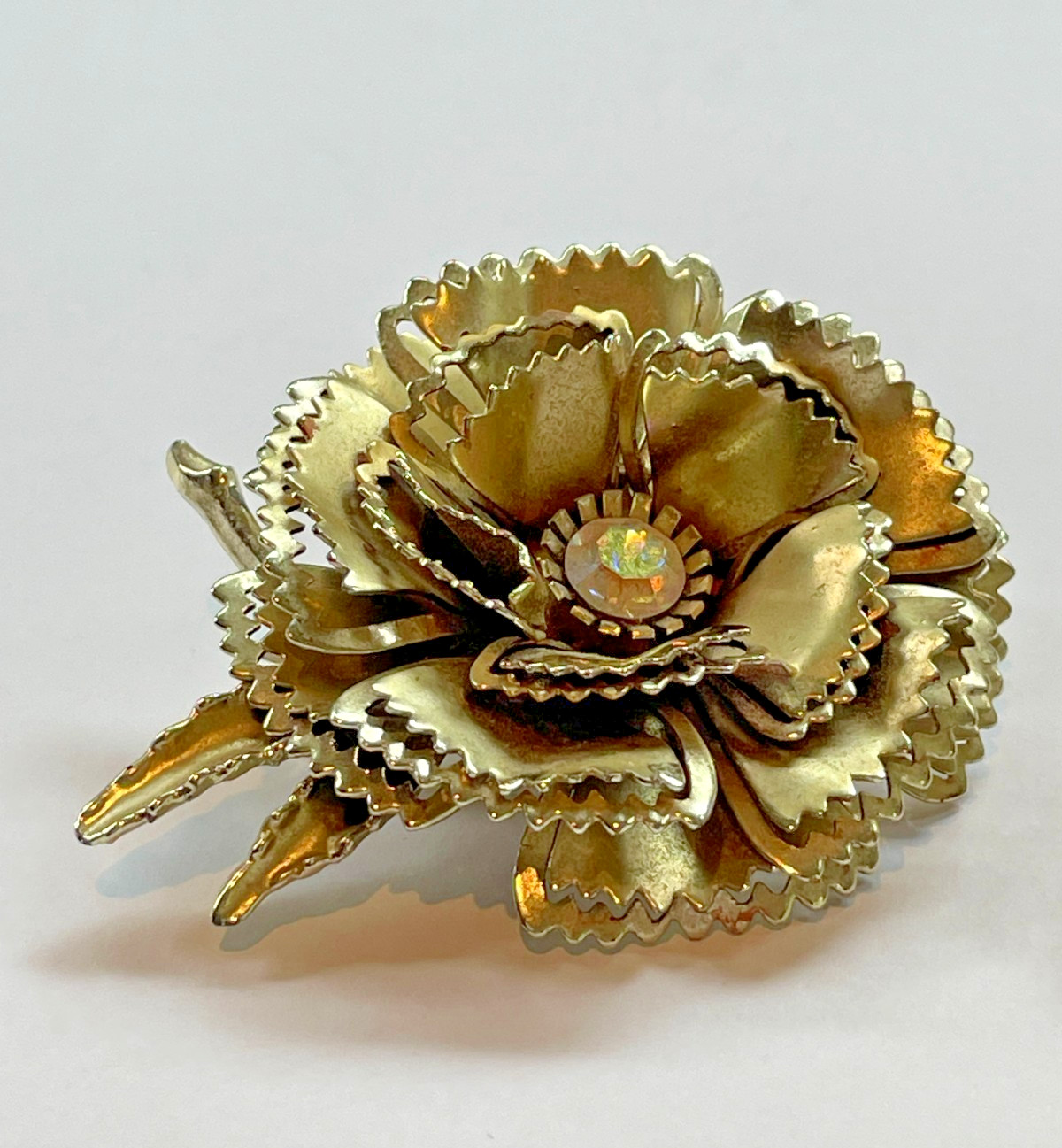 Vintage Gold Flower Brooch & Clip Earring Set | AB Rhinestone | 1950s
