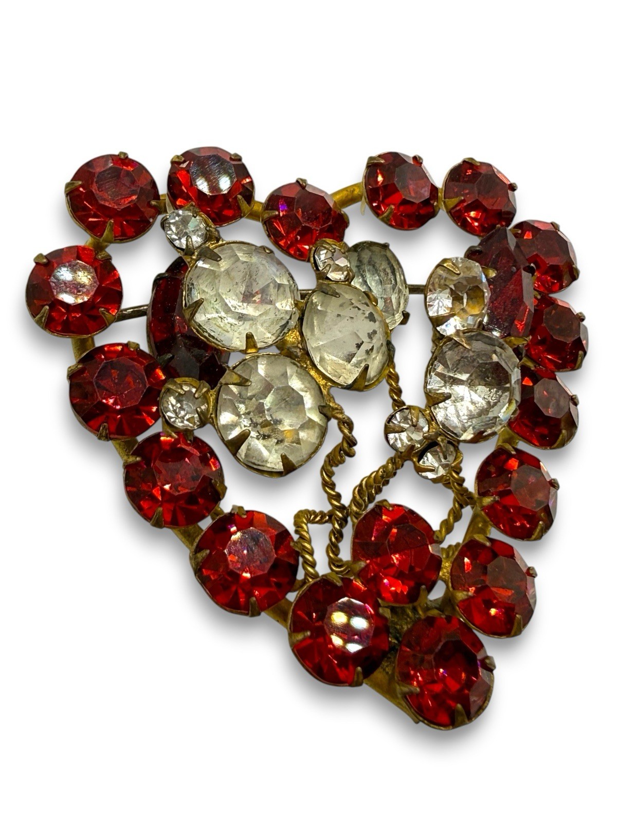 Vintage 50s 60s Czech Ruby Red Glass Rhinestones Heart Valentines Brooch Pin