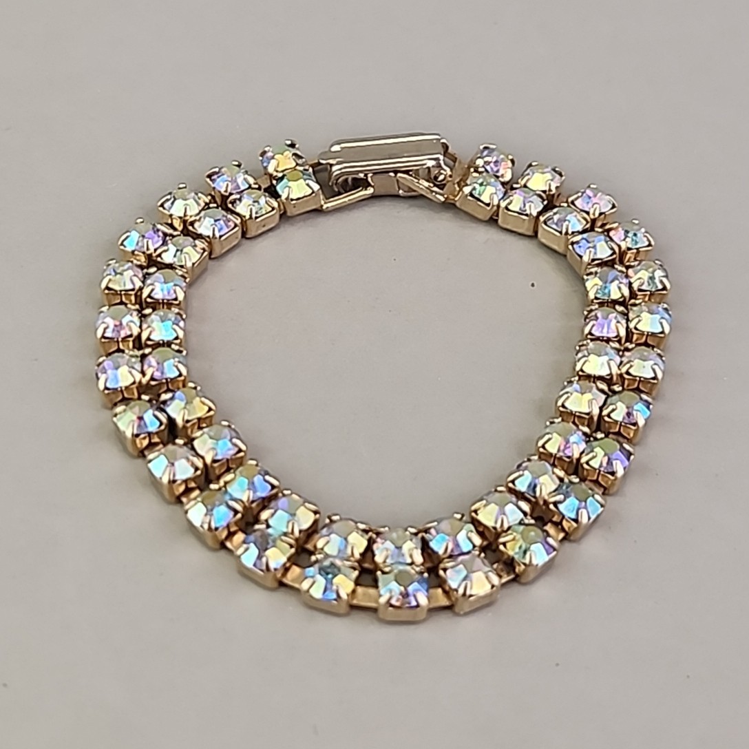 Vintage Aurora Borealis Rhinestone Bracelet Two Row 6.5″
