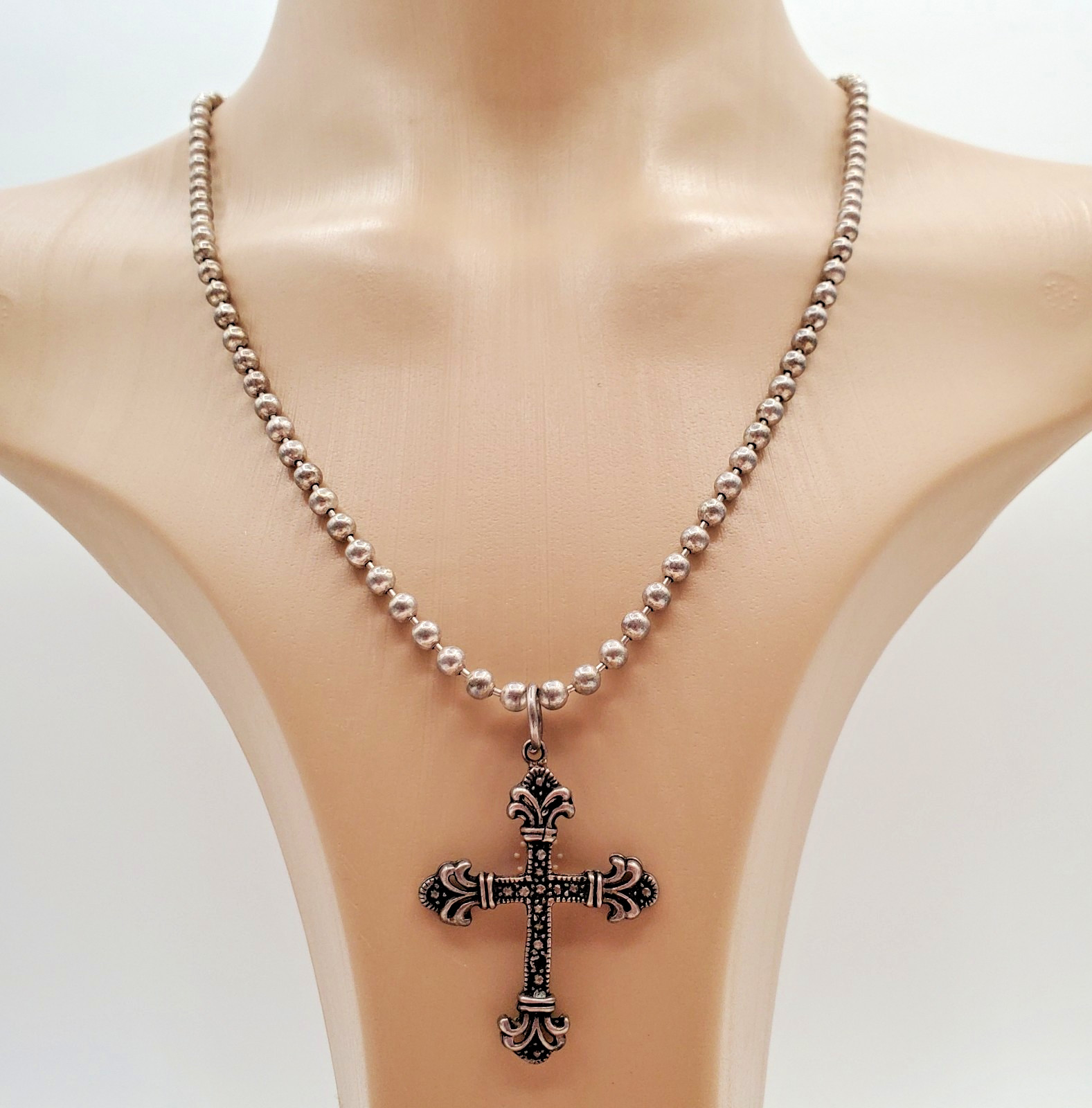 VTG 925 Ornate Cross Necklace 20in Sterling Silver 27g Ball Chain Italy Estate