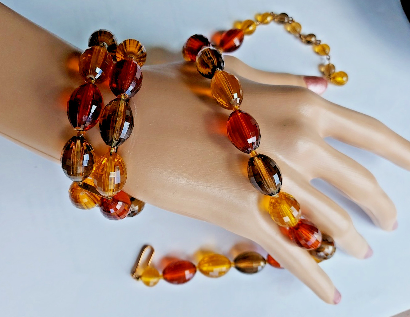 Lucite Amber Necklace and Bracelet Vintage Set Amber Earth Tone Beads