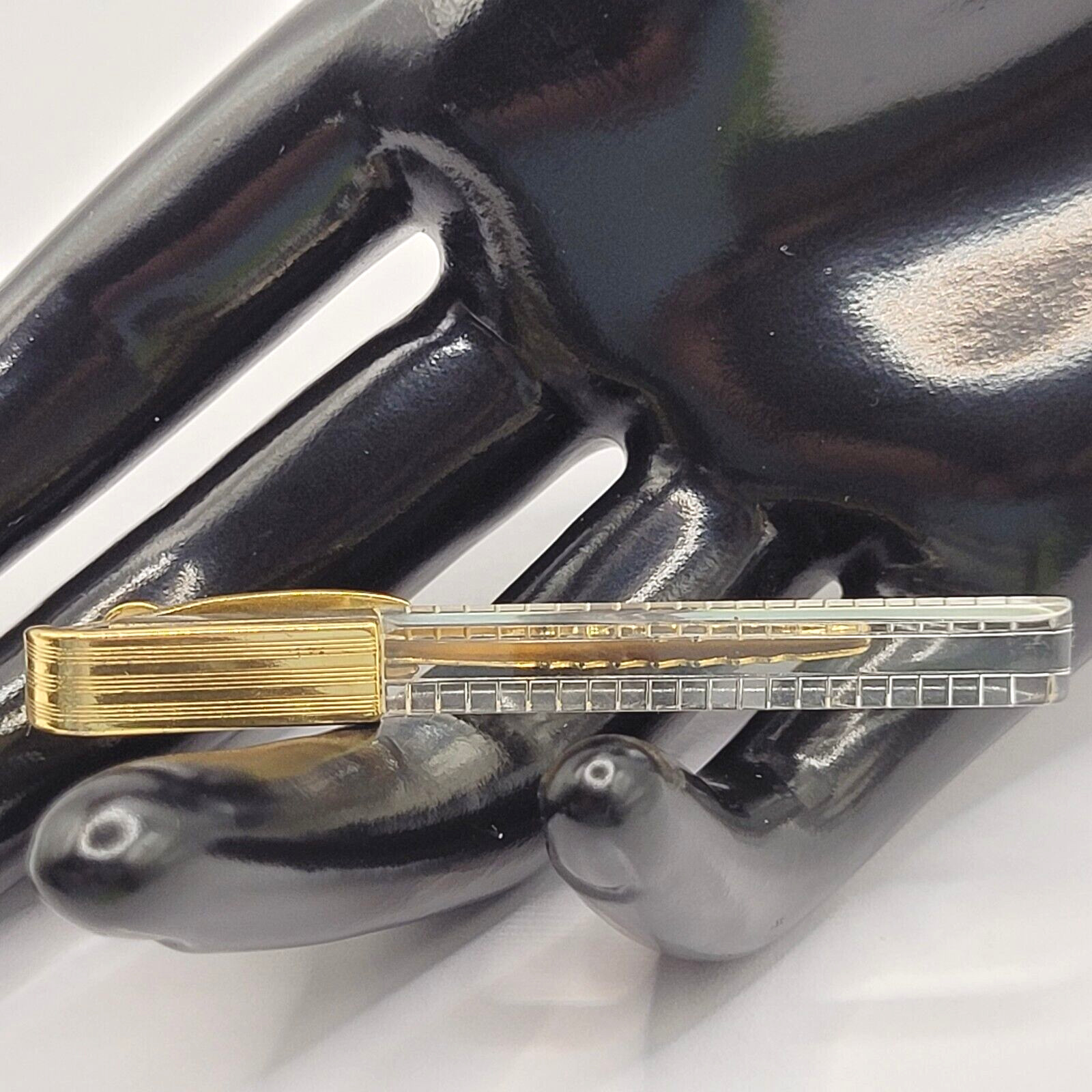 Hickok Tie Clip Bar Clasp Clear Lucite Textured Gold Tone Vintage Mens Jewelry