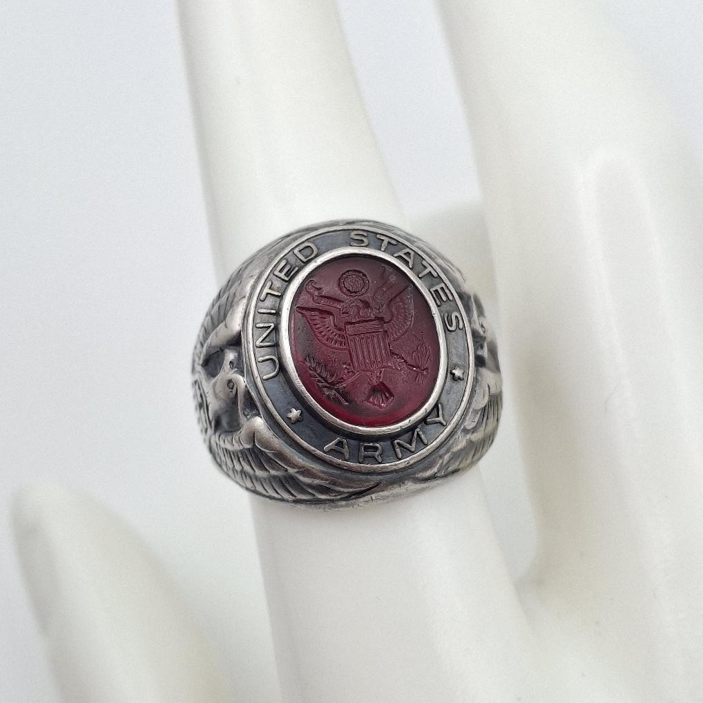Vintage 925 Sterling Silver US Army Seal Red Intaglio Glass Signet Ring Size 7.5