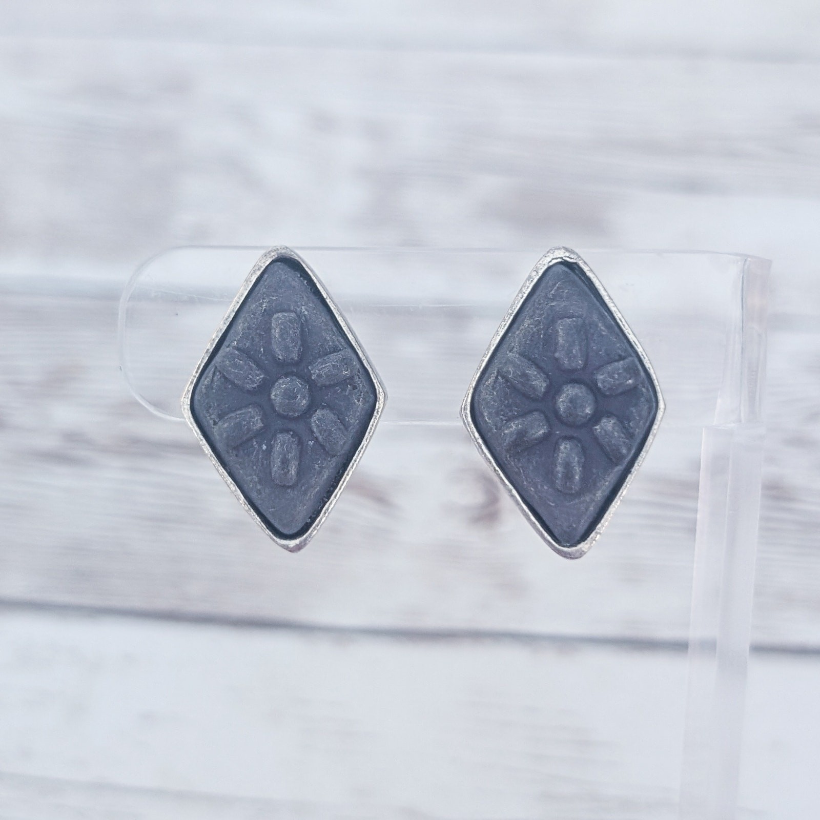 Vintage Clip On Earrings Dark Grey/Black Diamond Shape – Fair Condition