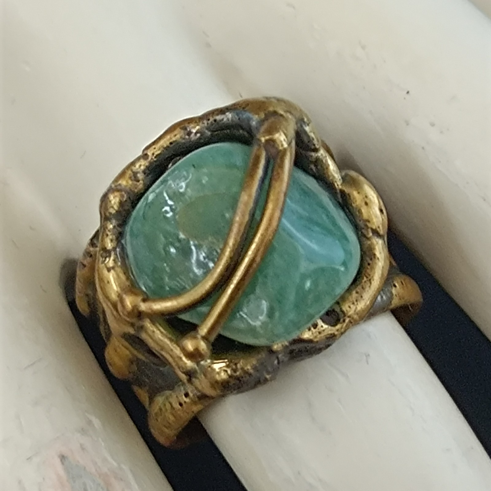 Brutalist Boho Ring Green Stone Organic Art Nouveau Revival Adjustable Statement
