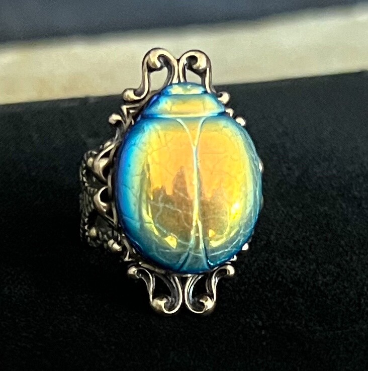 Scarab Ring Tall Egyptian Beetle Antique Czech Glass Egyptian Revival Jewelry