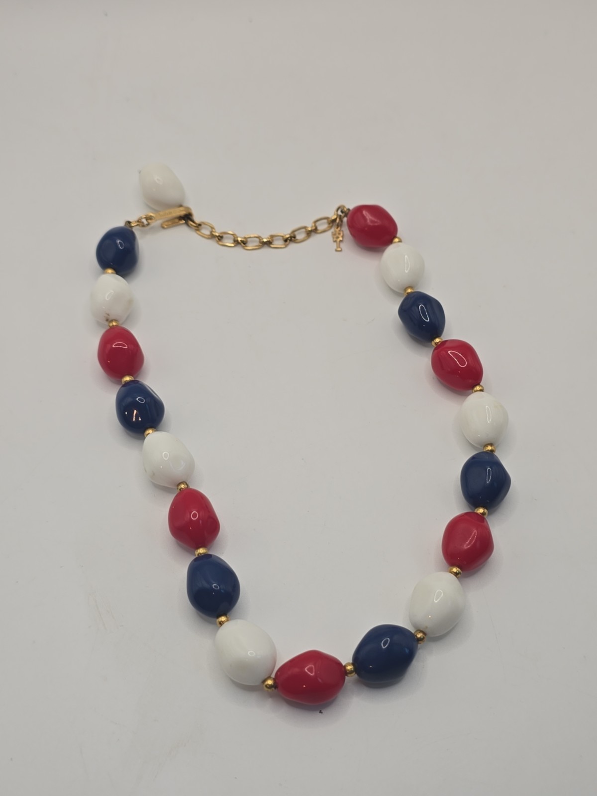 Trifari Red White Blue Chunky Bead Necklace Gold Tone Patriotic Nautical…