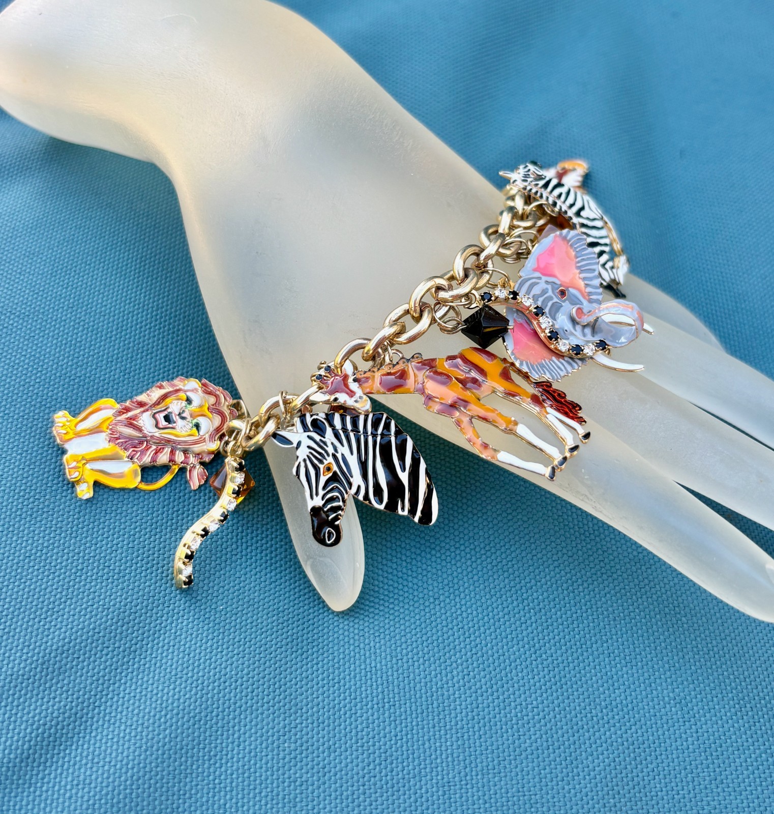 LUNCH AT THE RITZ Signed Safari Animals Charm Bracelet Enamel Rhinestones