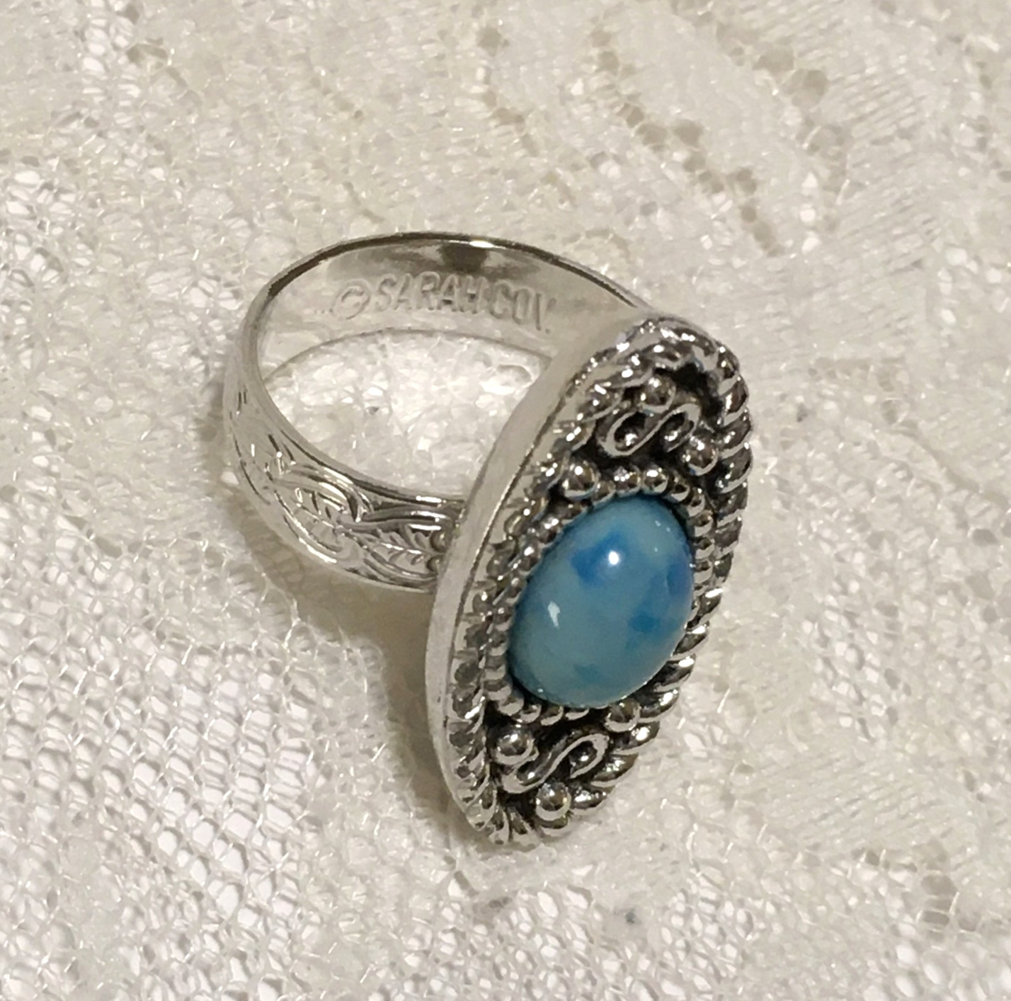 Vintage Sarah Coventry Blue Cabochon Stone Ring Long Oval Silver Tone Adjustable