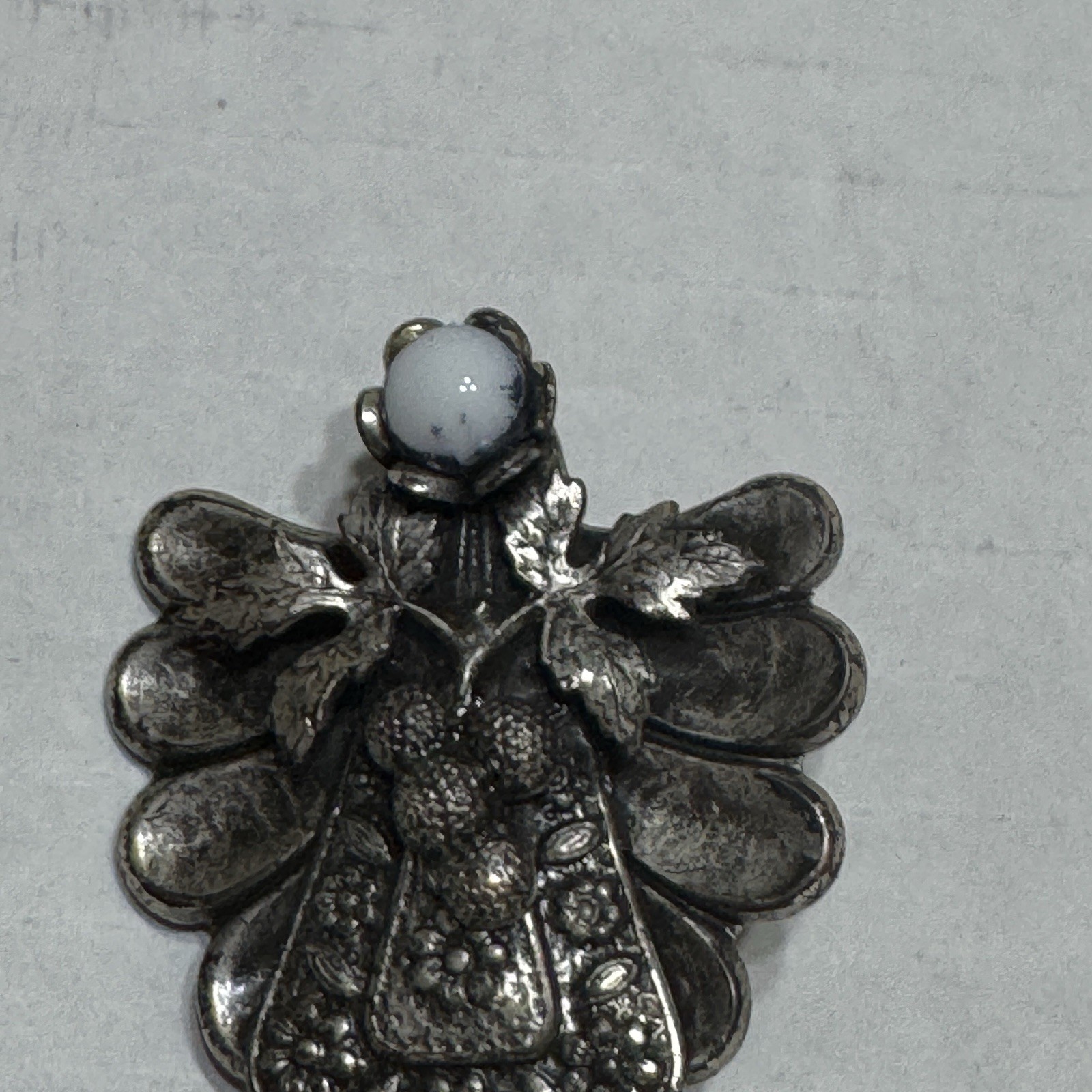 Signed JANE AOL Silver Tone Ornate Angel BROOCH PIN Faux Pearl Stone Vtg