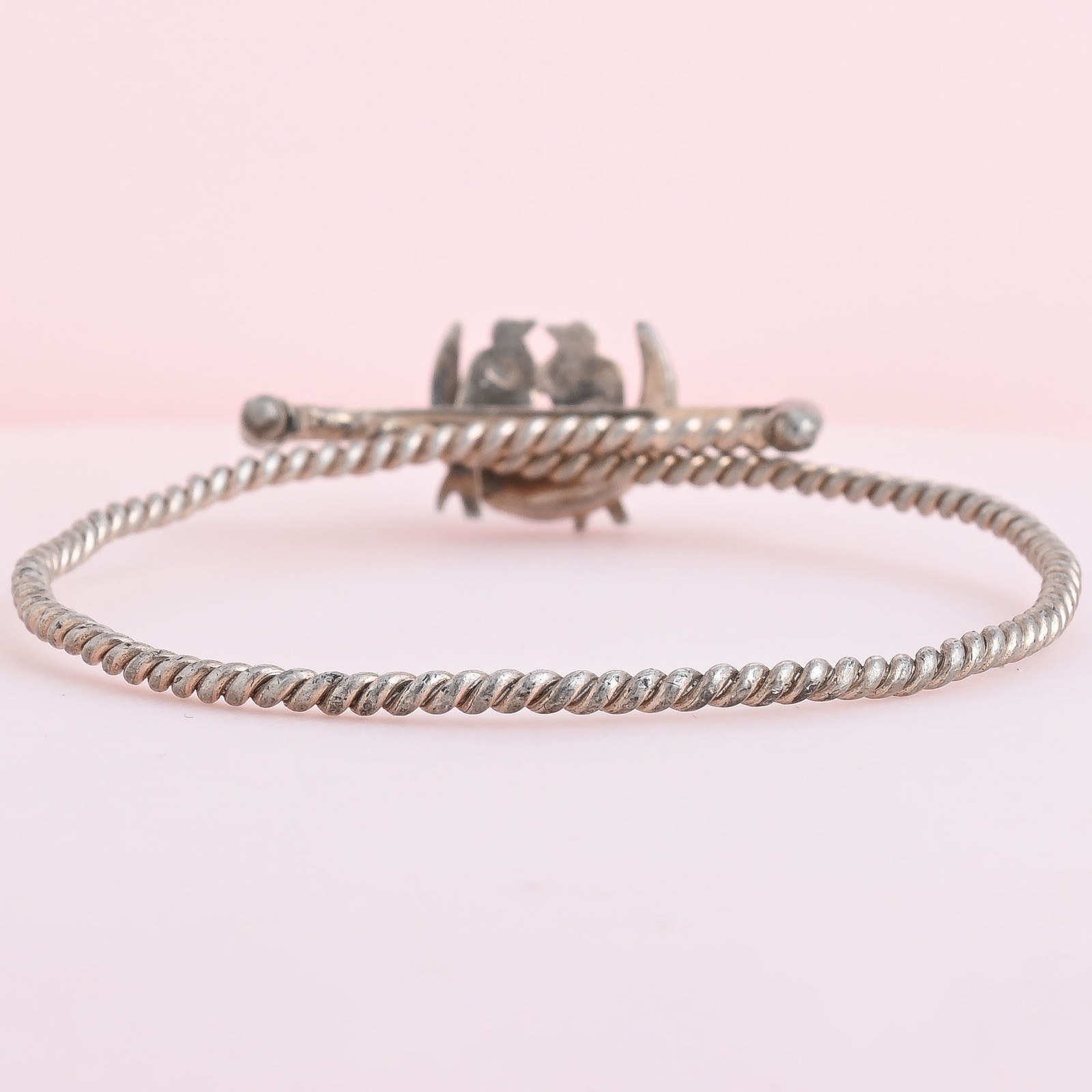Antique Victorian Crescent Moon Swallow Bird Turquoise Sterling Silver Bracelet