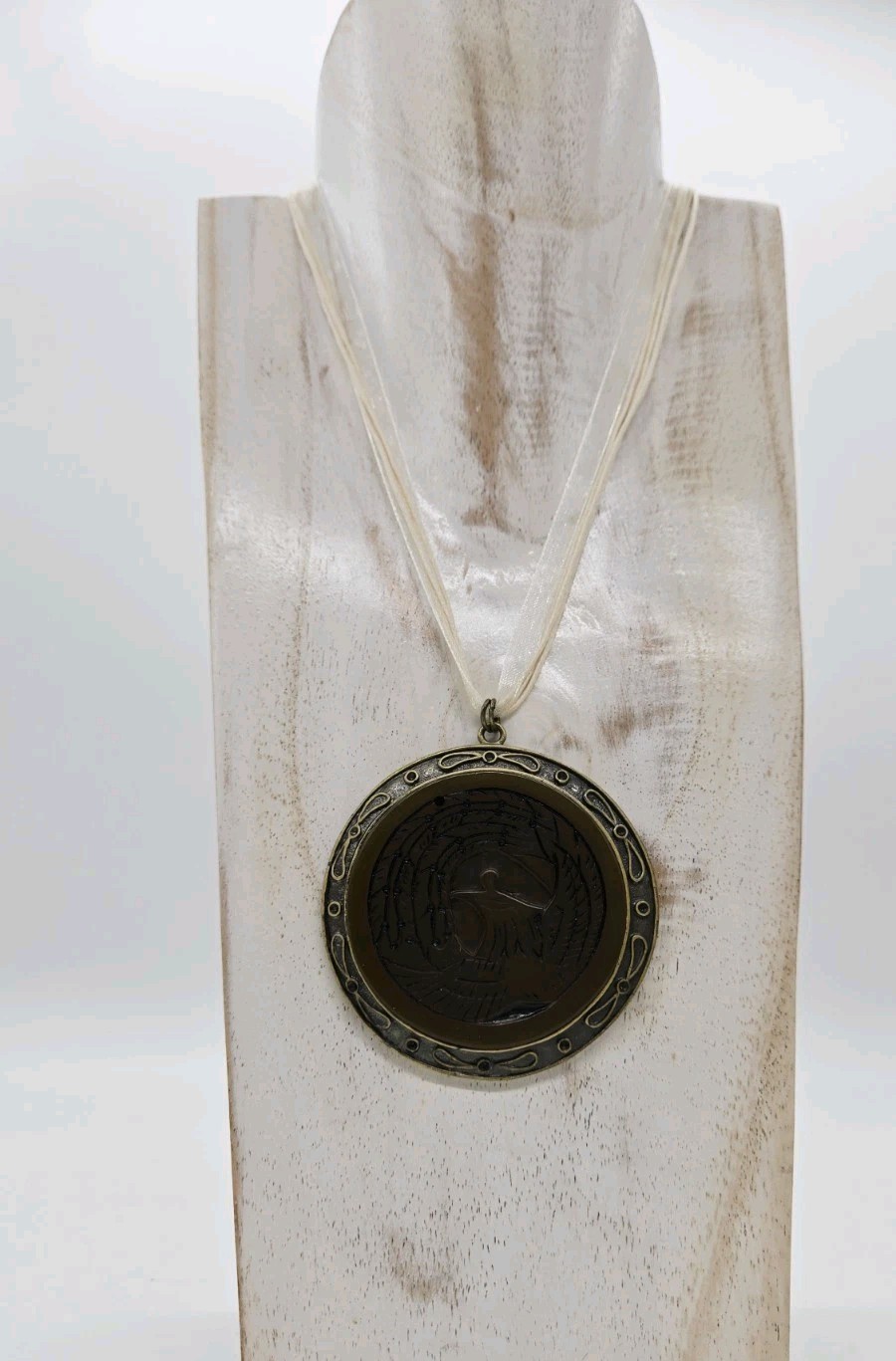 Carved Phoenix Medallion Pendant Necklace Ribbon Statement Vintage 18 in