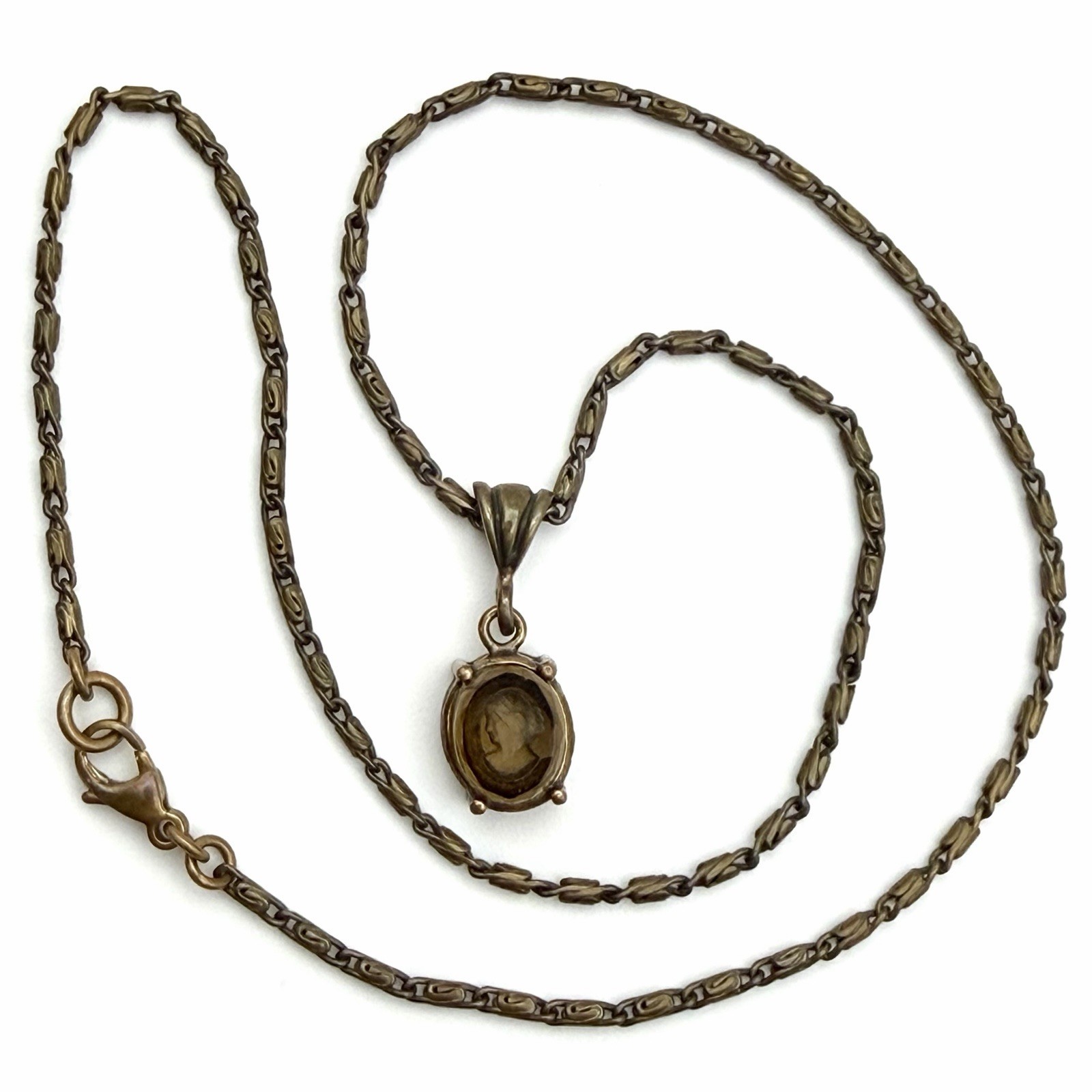 Extasia Signed EXT Vintage Style Bronze Fob Pendant Necklace Smoky Brown Glass