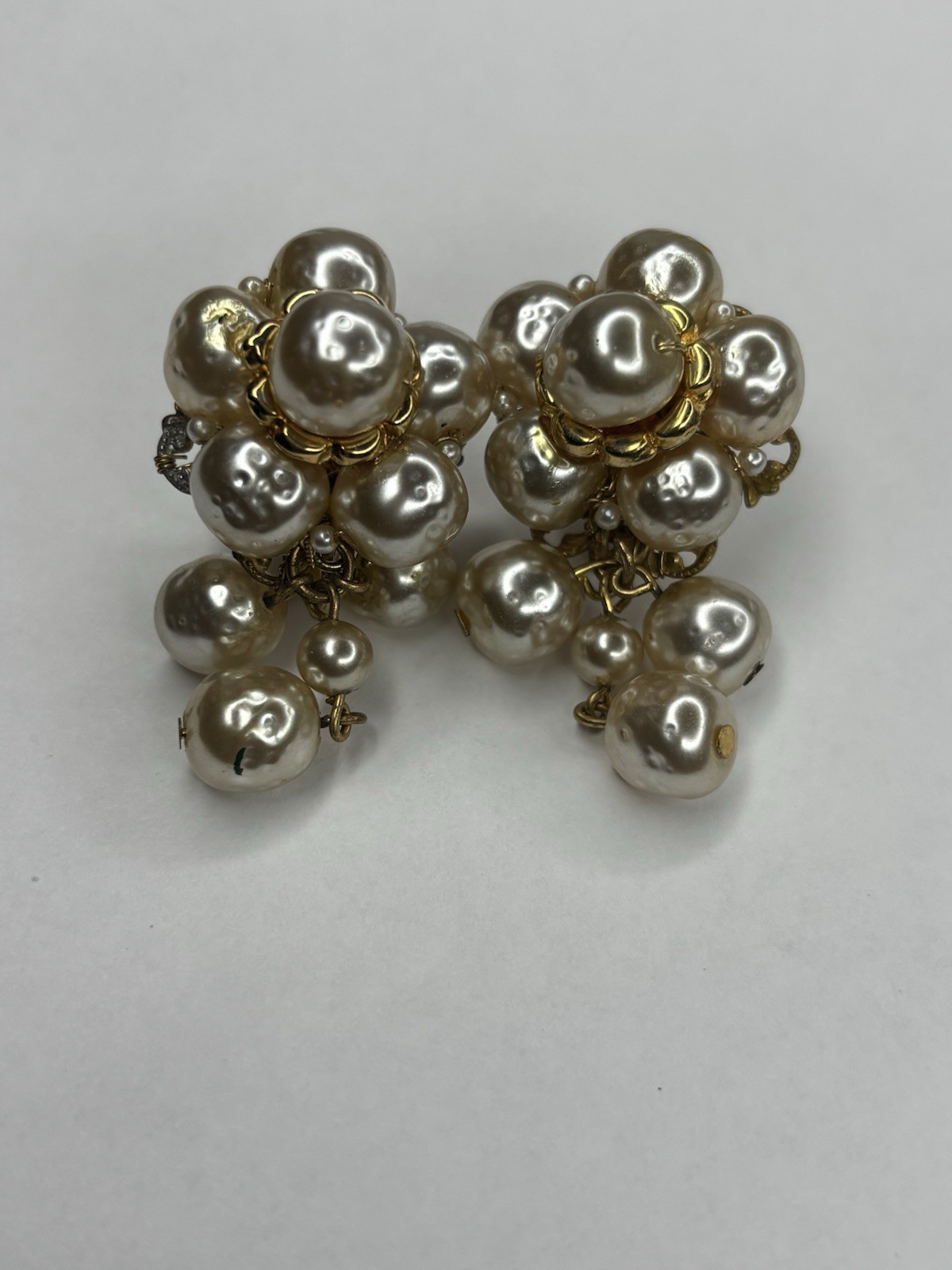 Miriam Haskell Faux Pearl Baroque Dangle Screw Back Clip Gold Tone Earrings