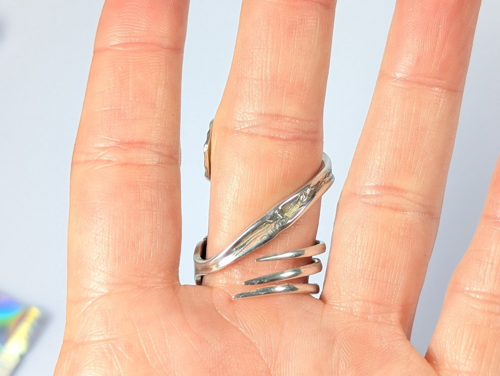 Vtg Silver-Plated William Rogers Oneida Fork Ring Floral Full Bypass Wrap Ring
