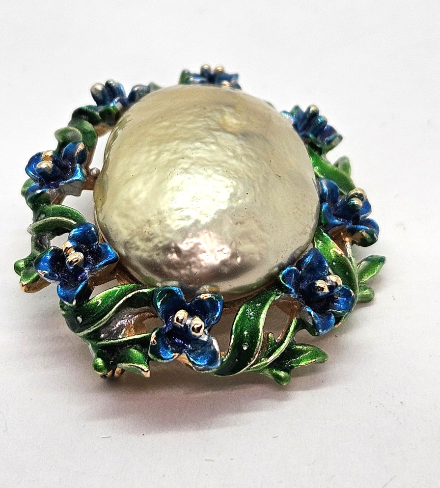 Vintage Signed ART Arthur Pepper Faux Pearl Enamel Blue Green Flowers