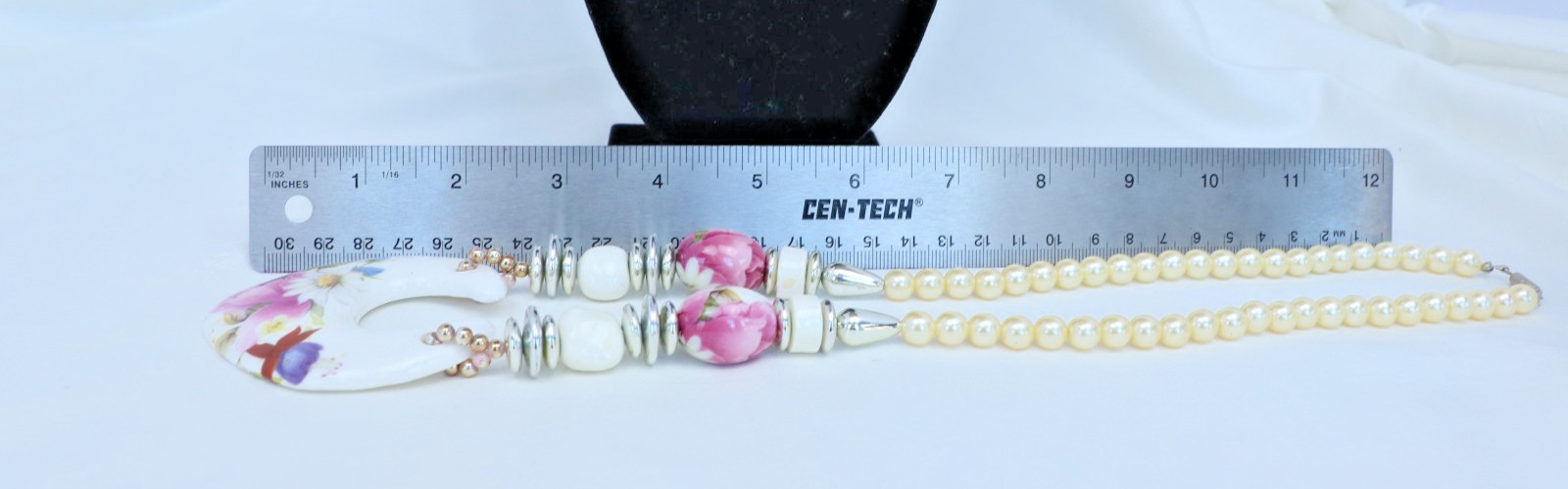 Floral Porcelain Pendant Necklace Faux Pearl Beads Statement Jewelry Pink Rose