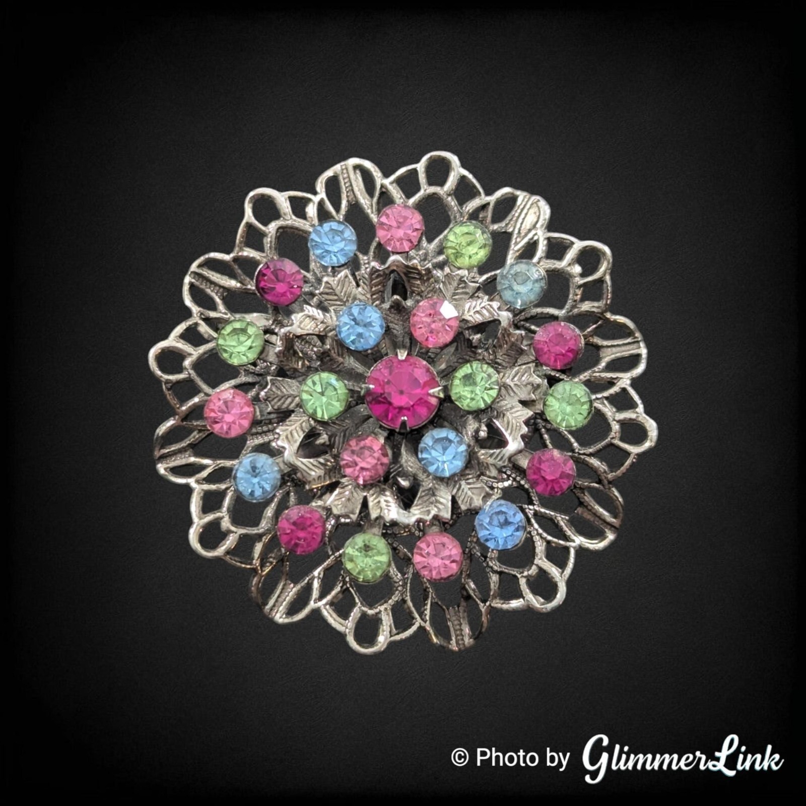 Vintage Filigree Layered Multicolor Rhinestones Floral Silver Tone Brooch