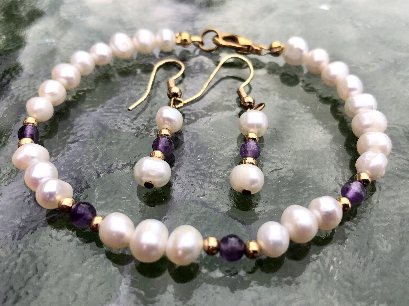 Vintage Genuine Pearl And Lavender Purple Amethyst Bead Bracelet & Earrings