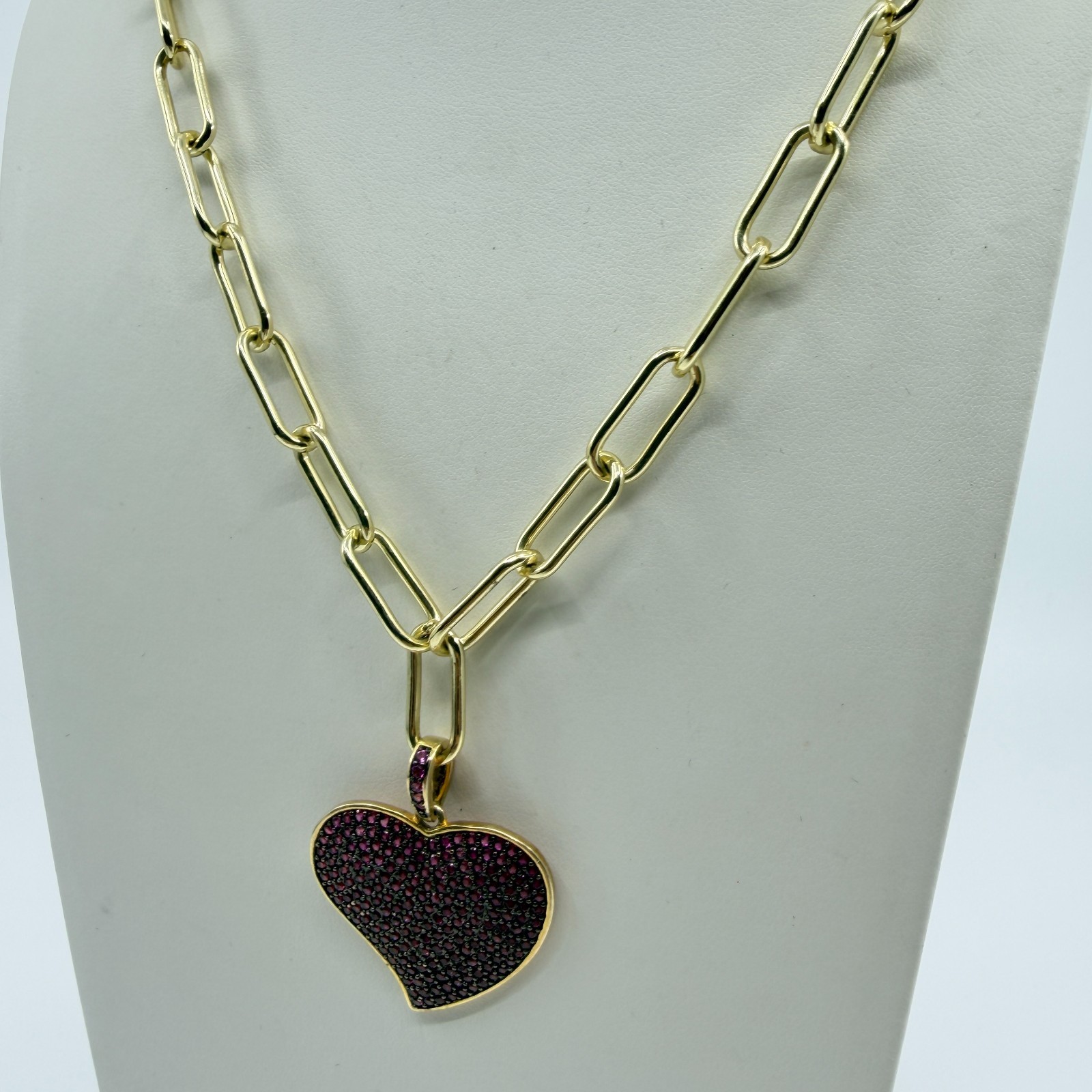 Gold Tone Red Pave Rhinestone Heart Pendant Paperclip Chain Necklace Statement