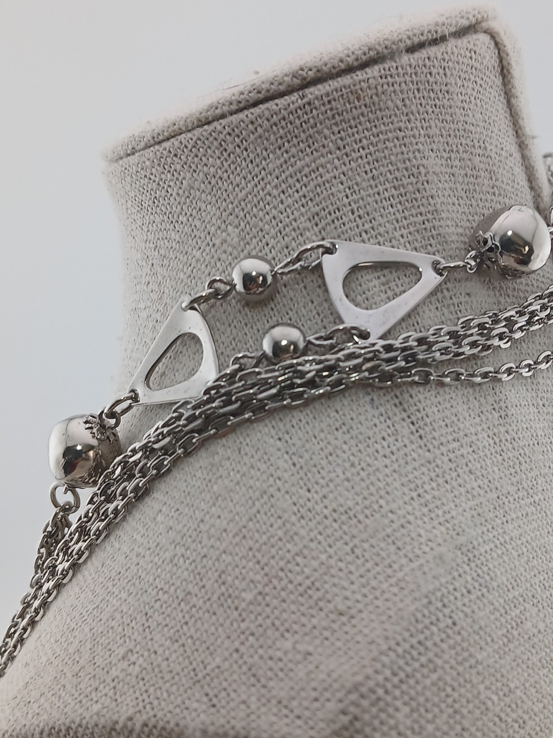 1960s silver tone multi chains ball beads open triangle design accents necklace