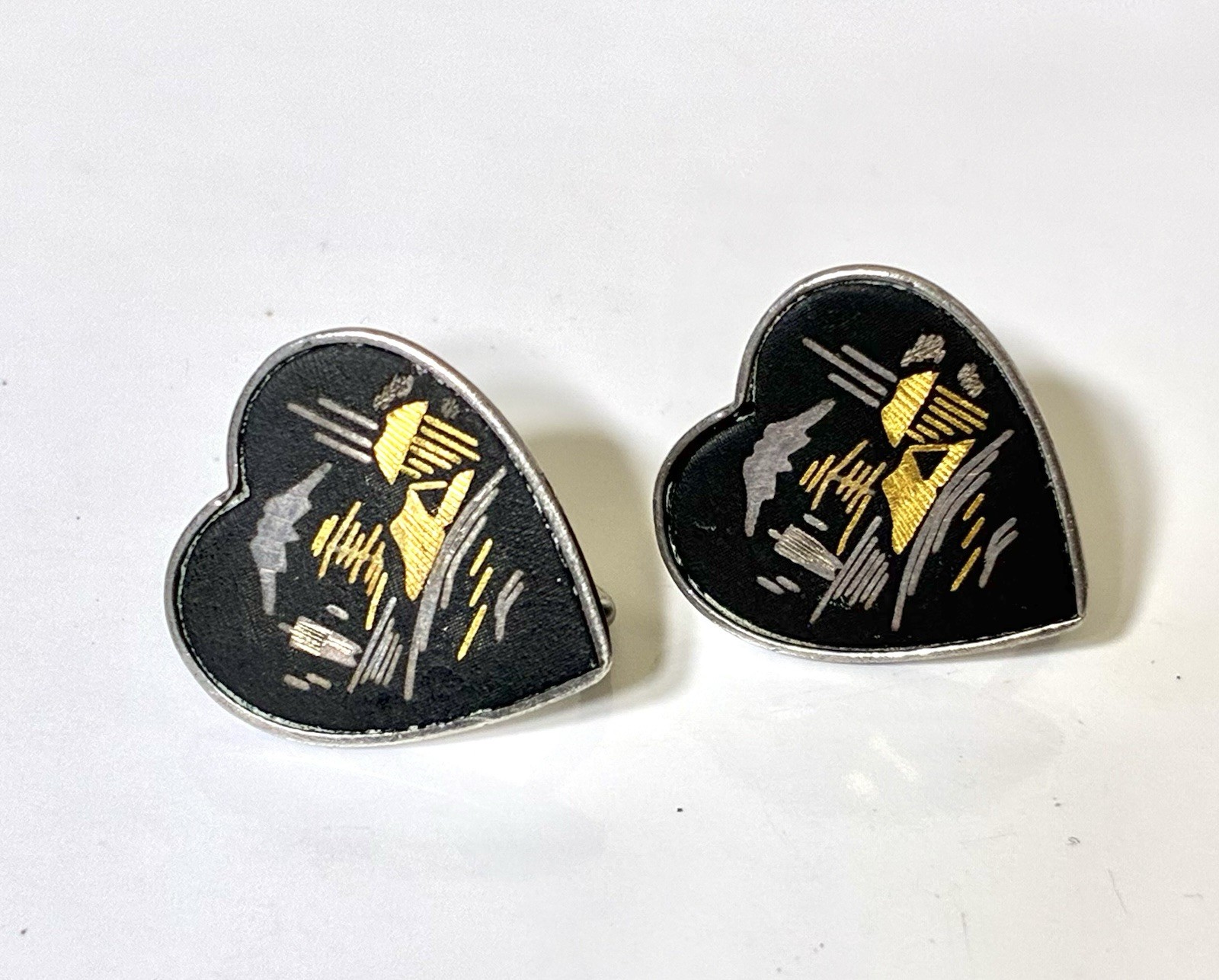 Vintage Heart Damascene Enamel Sterling Silver AMITA Japan Earrings Non Pierced