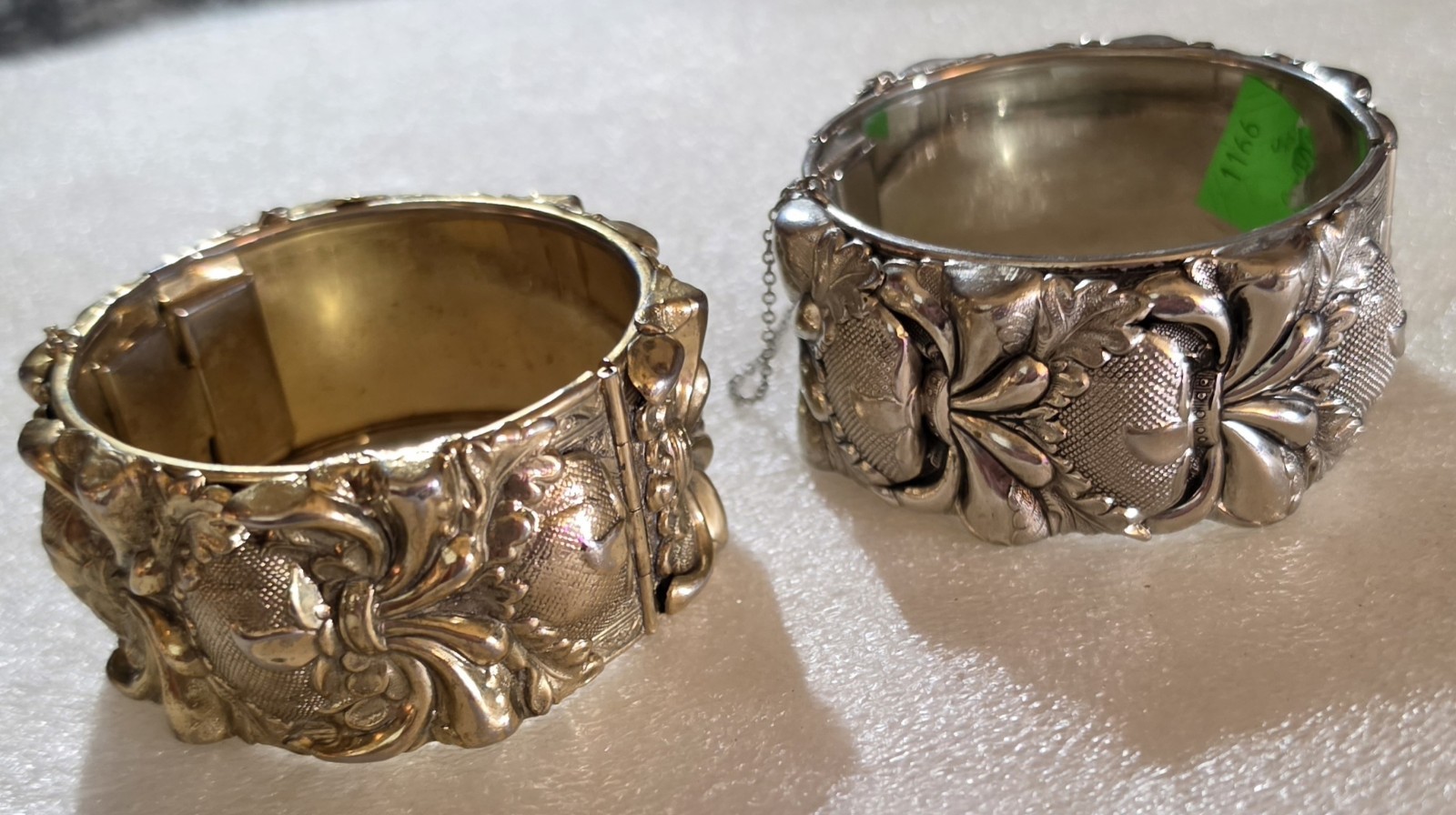 Vintage signed Vargas Whiting & Davis High Relief Hinged Cuff Bracelets