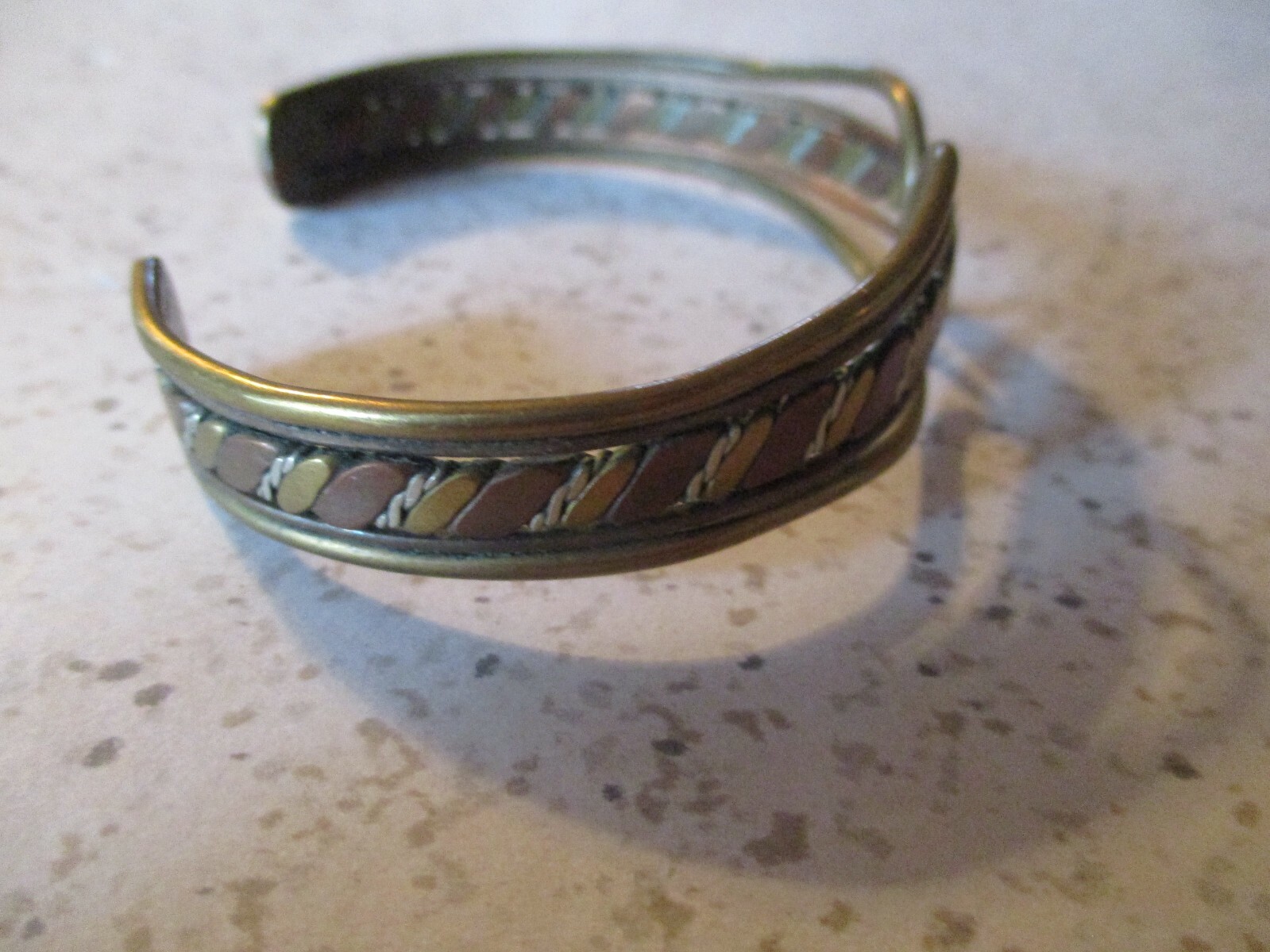 VINTAGE, CUFF BRACELET, COPPER, BRASS, TWISTED SILVER, INTRICATE DESIGN 2.25″ W