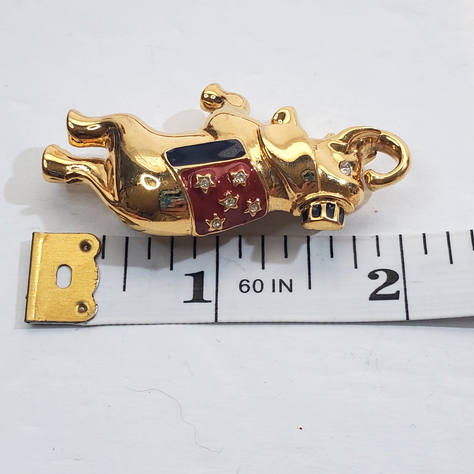 Vintage Monet Gold Tone Metal Enamel Clear Rhinestone Circus Elephant Brooch Pin