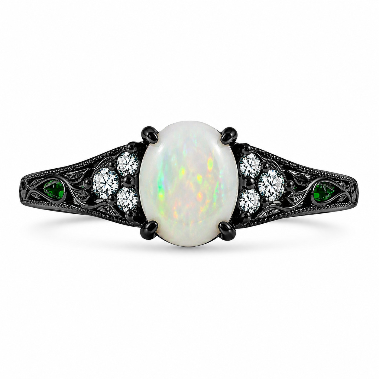 Vintage Ethiopian Opal Ring 925 Sterling Silver Black Rhodium Engraved Band