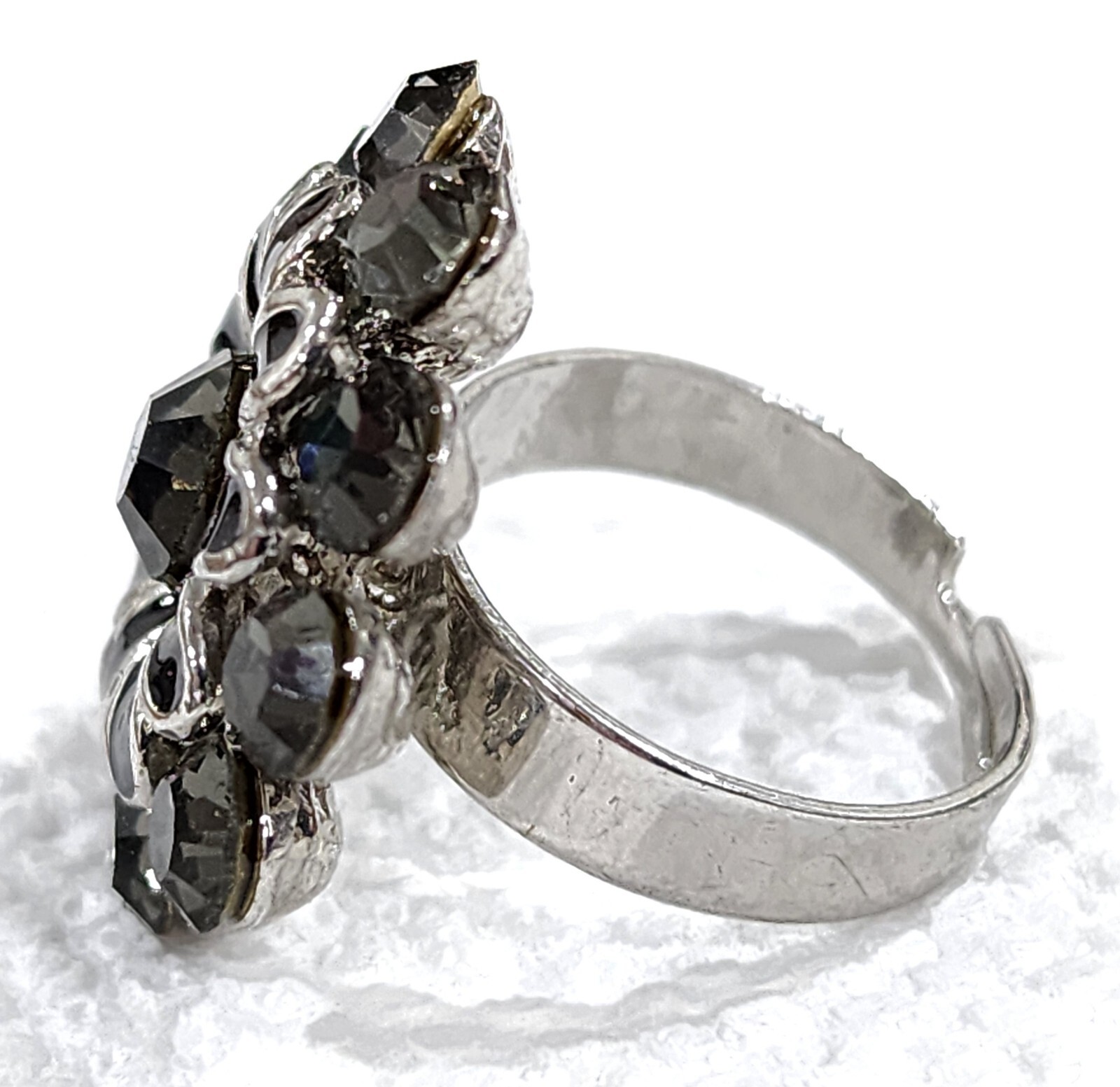 Ring Adjustable Flower Shaped Ring Black Stones plus Other Silver & Trim Vtg
