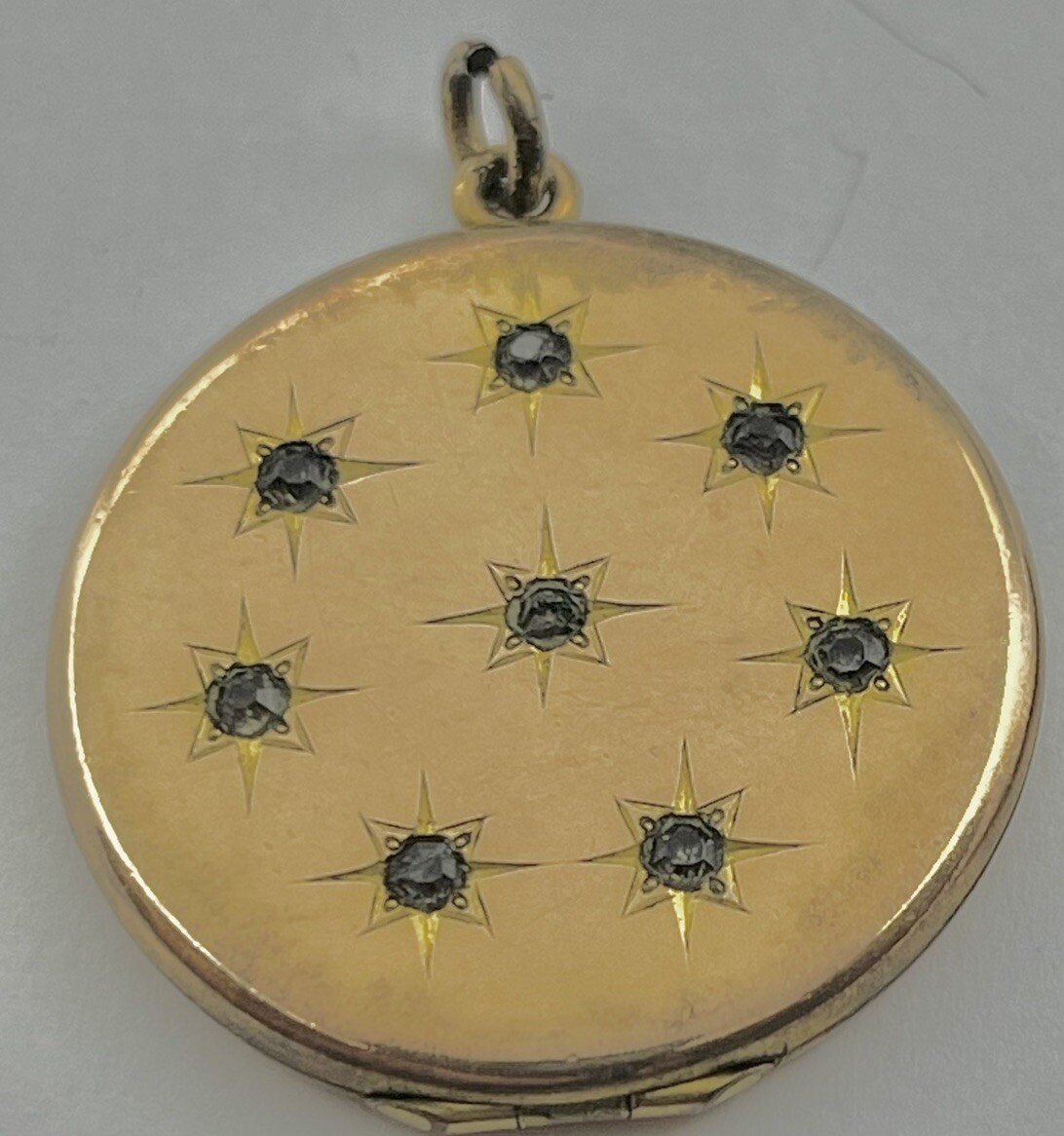 Antique Art Nouveau Rolled Gold Stars Round Locket Pendant with 8 Paste Stones