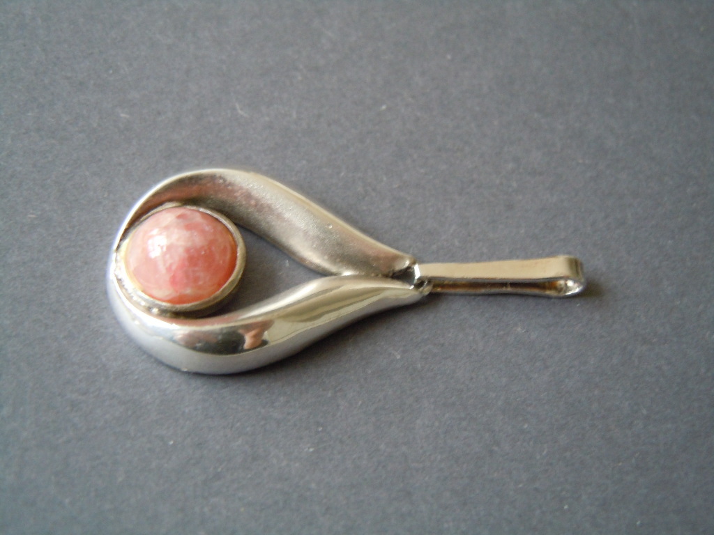 835 Silver Pendant Drop Shape with Rhodochrosite Hemisphere 7.2 g / 4.5 x 2.1 cm