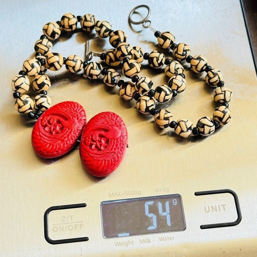 VTG Ceramic Chunky necklace Red Cinnabar Wicker Basket Weave BOHO Beads 80s 18″