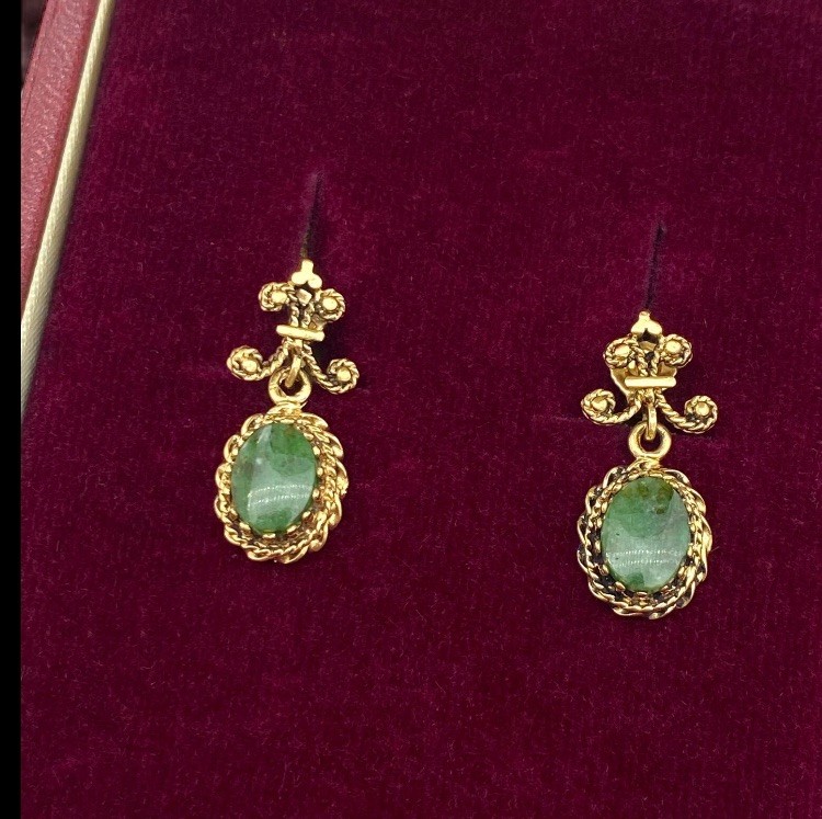 Antique Vintage Deco Retro 14k Yellow Gold Chinese Nephrite Jade Earrings 4.2g