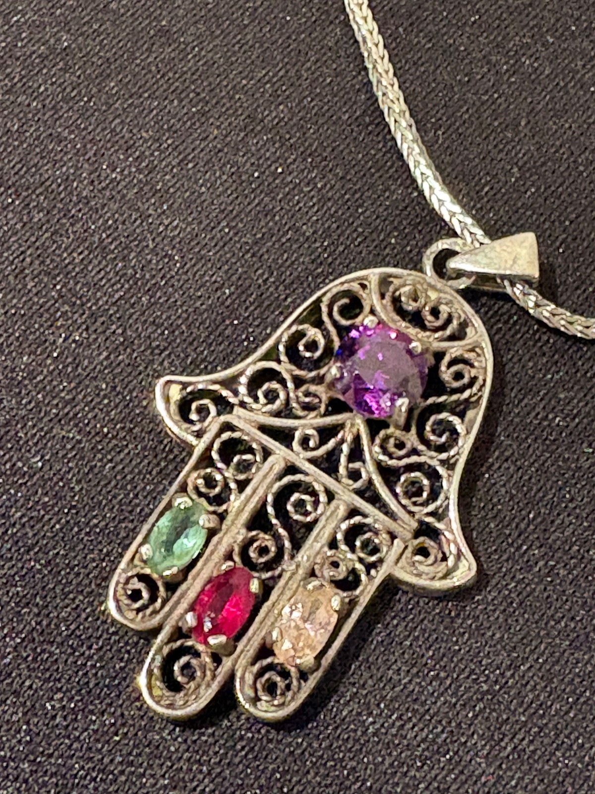 Vintage Italy 925 Sterling Silver Hamsa Hand Pendant Necklace 18” Multi Color St
