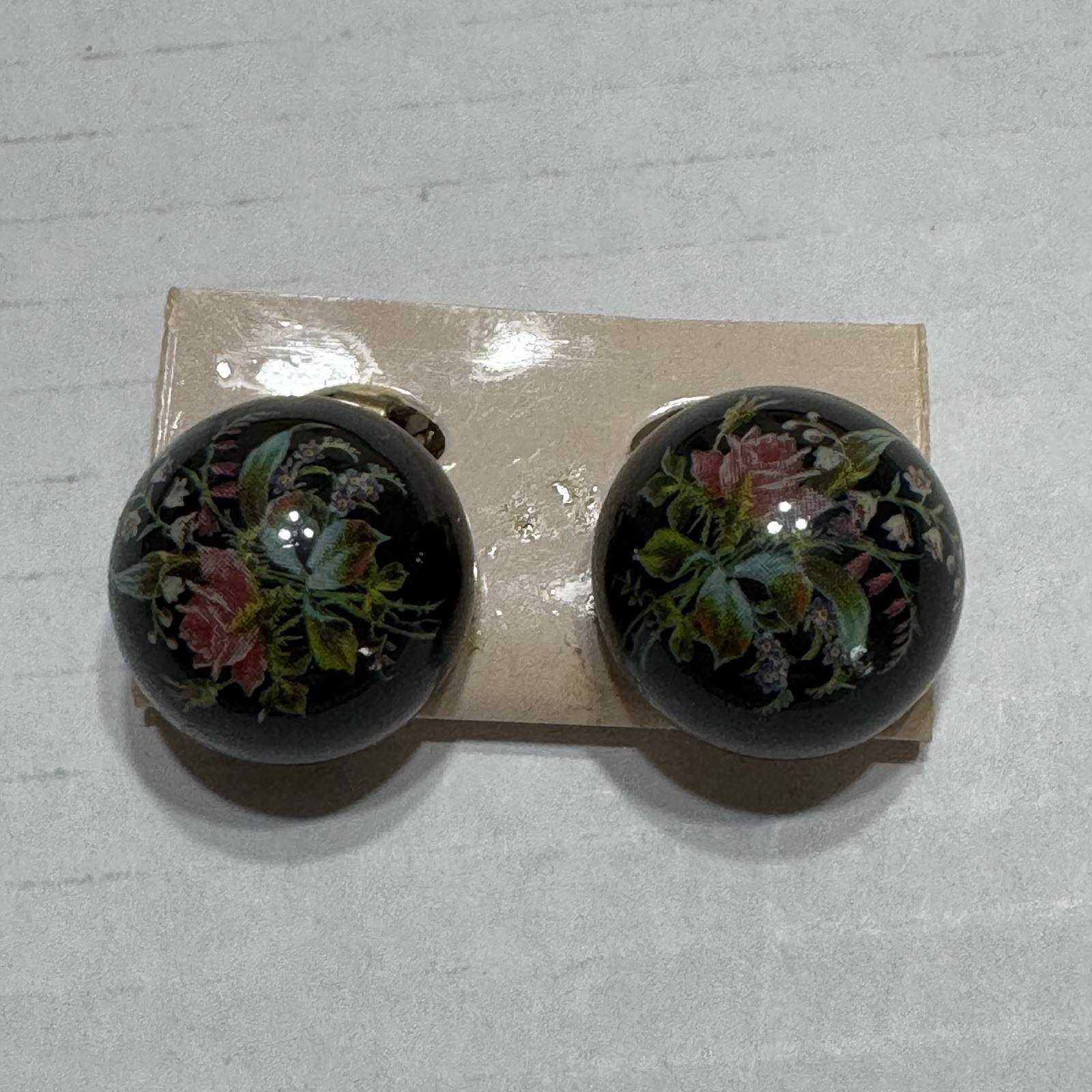 Vtg Black Floral Clip On Earrings Button Dome 60s Pink Flowers 1” Lightweight