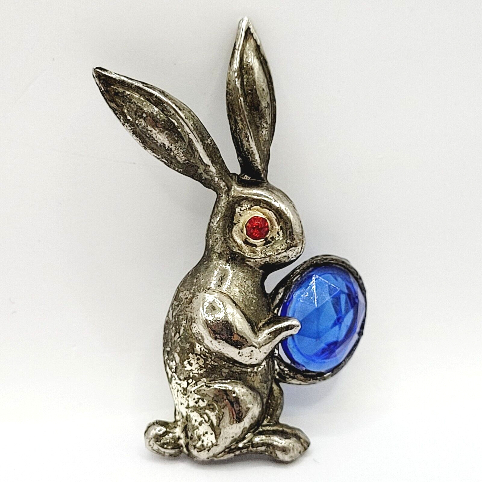 Rabbit Bunny Holding Blue Faceted Egg Silver Tone Vintage Brooch Pin Distressed