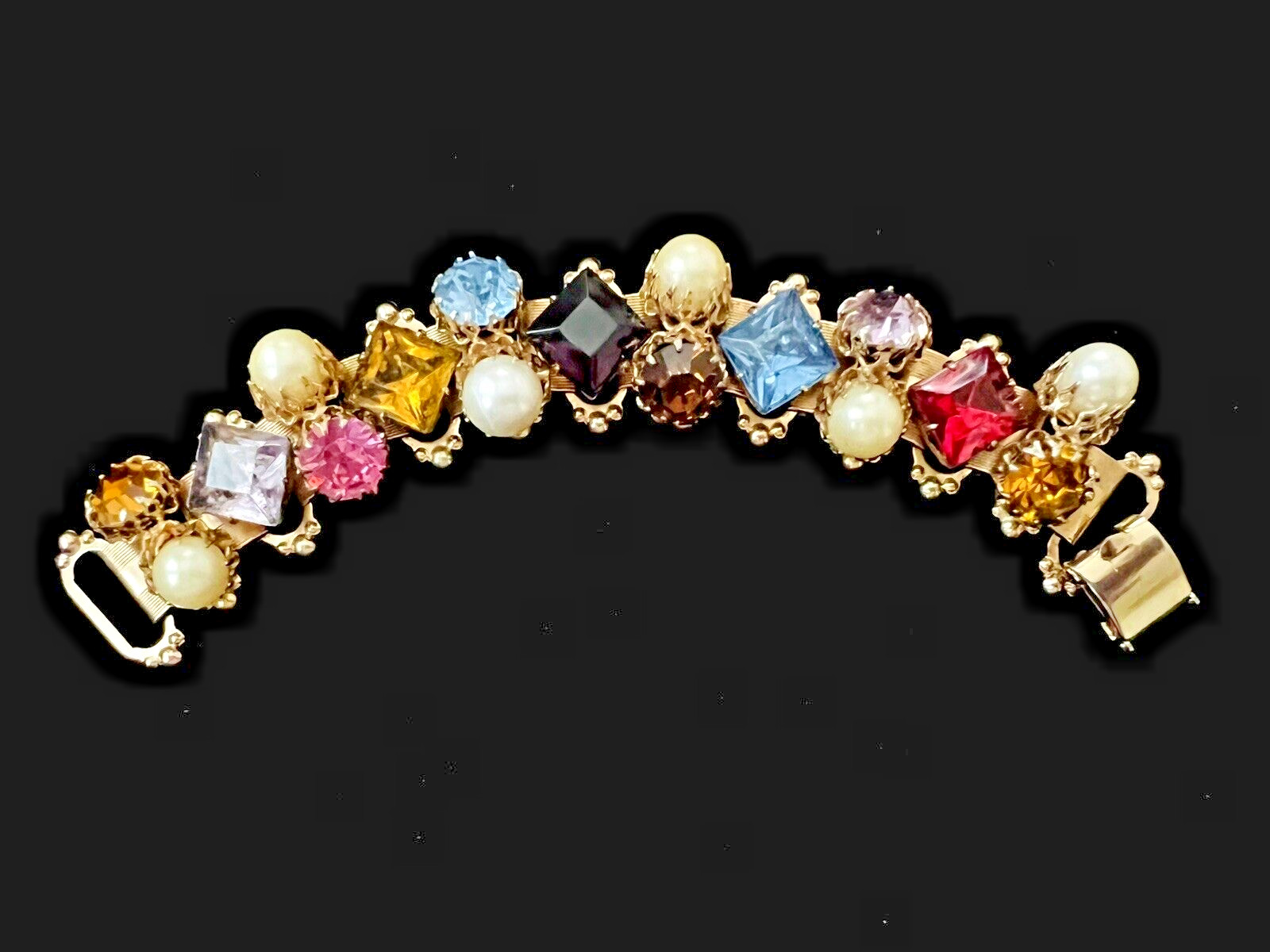 Victorian Revival Gold Tone Multicolored Rhinestone & Pearl Book Chain Bracelet