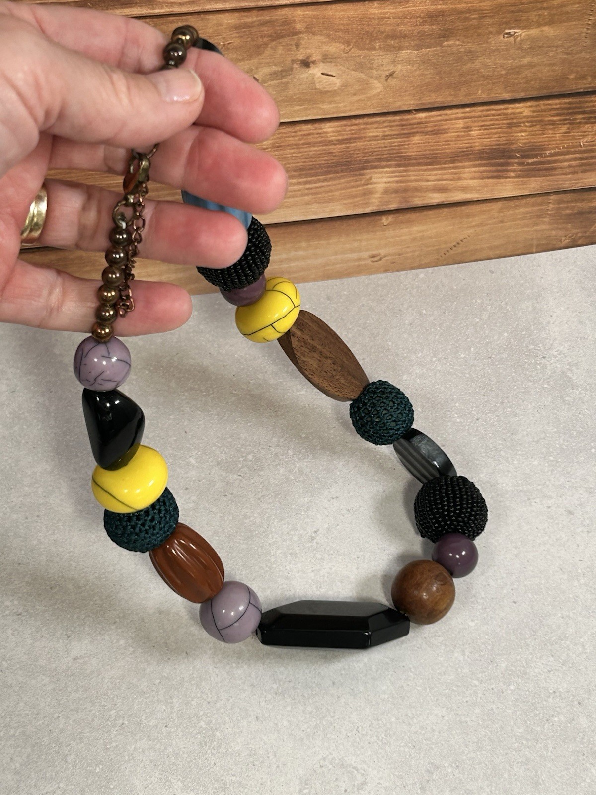 Vintage Unique Chunky Beaded Necklace Yellow Blue Brown 18″ Retro MCM Casual