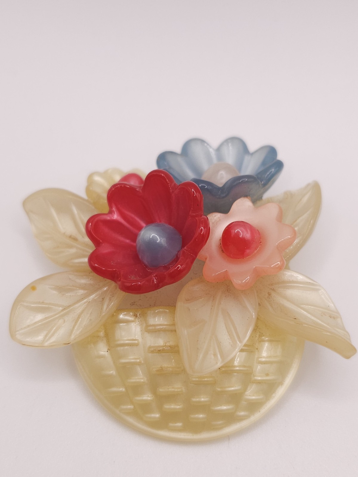 VTG Lucite Plastic Flower Basket Brooch. Colorful Flowers.