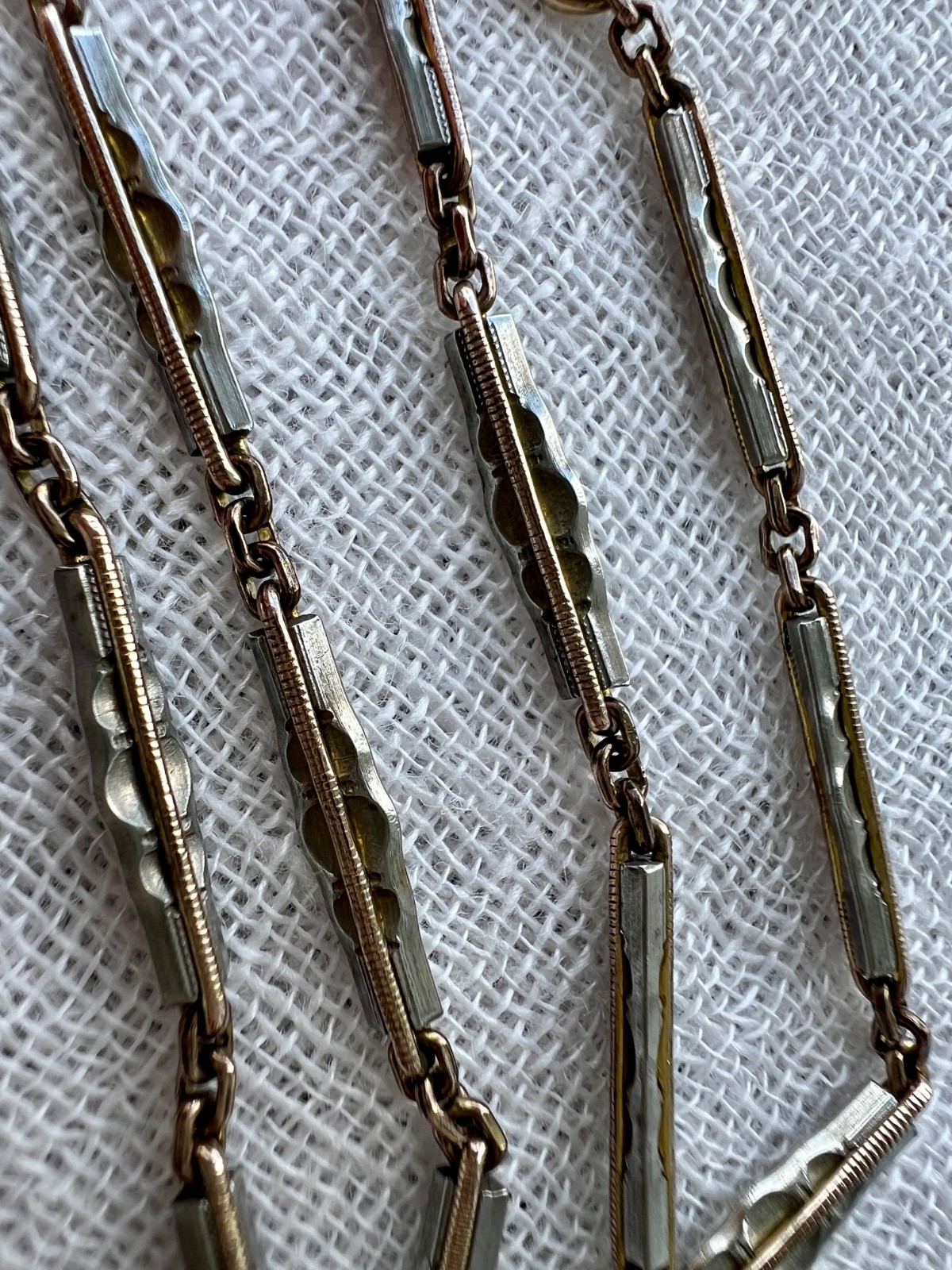 Art Deco 12K Gold Filled Two Tone Bar Link Watch Chain 14″ Swivel Dog Clip